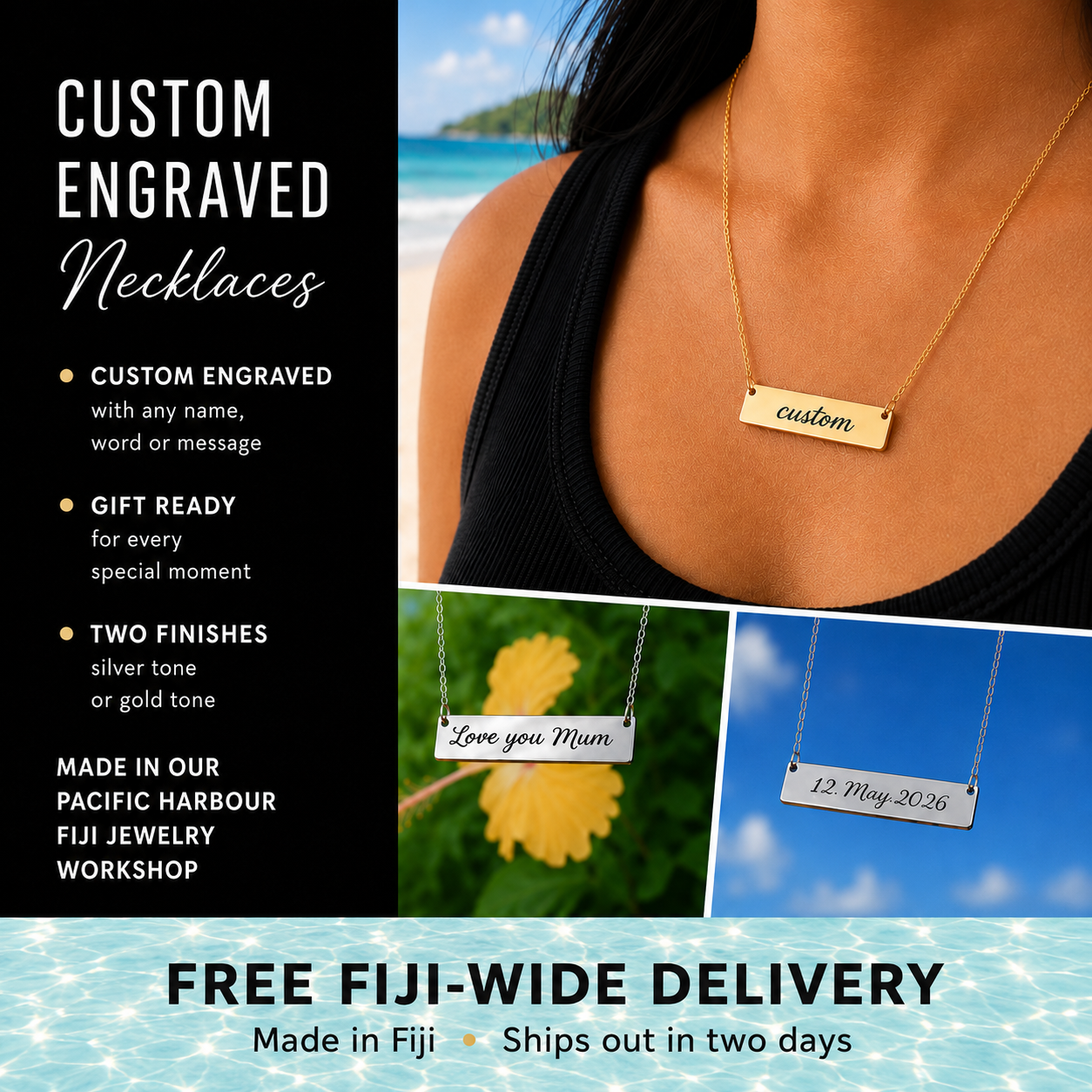 Adorn Pacific Facebook ad: Custom Engraved Jewellery From FJ$60