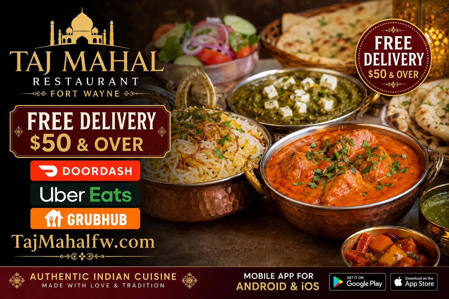 Taj Mahal Indian Restaurant Facebook ad: Free Delivery