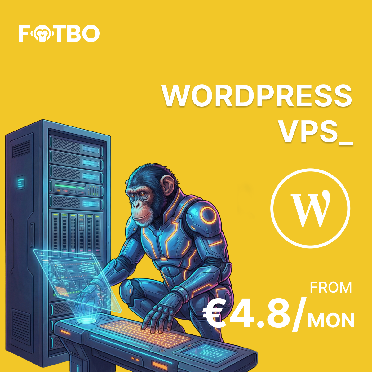 Fotbo Virtual Private Servers Facebook ad: WordPress VPS hosting from €4.80, NVMe SSD, 99.9%…