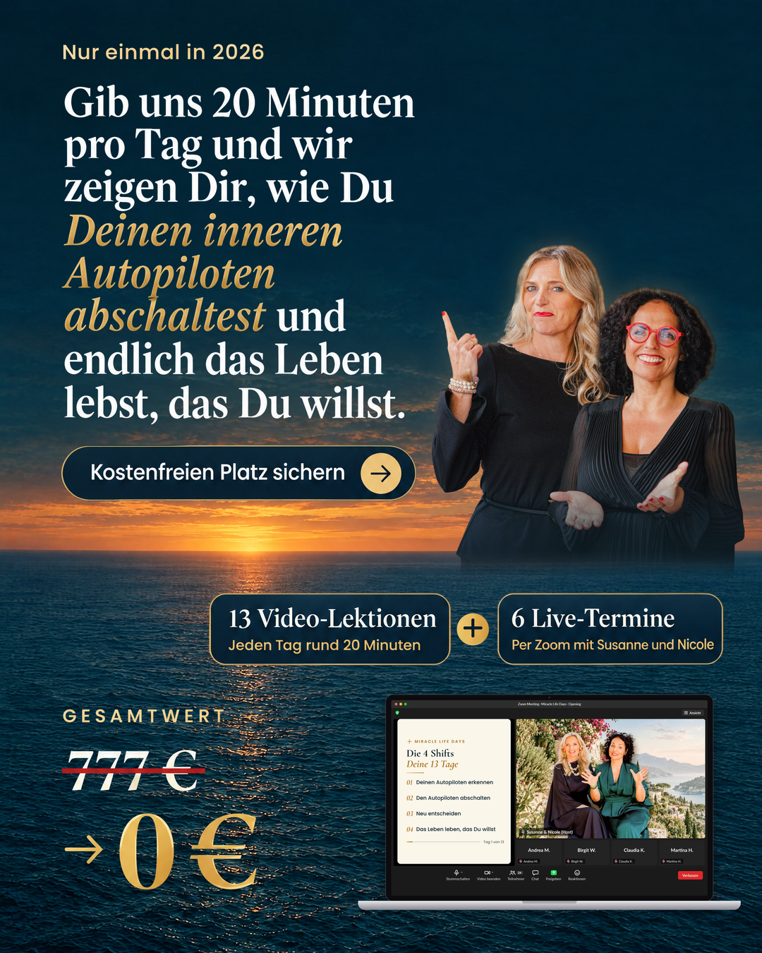 Susanne & Nicole Facebook ad: Kostenfreier Online-Kurs zum Leben, das Du wirklich willst