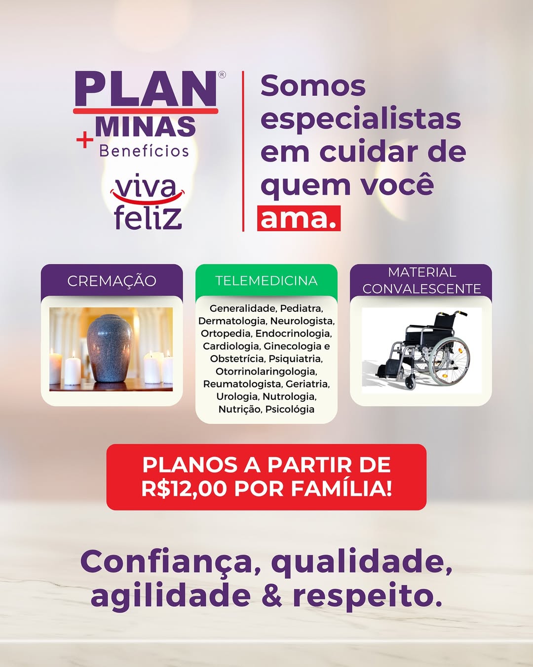 Plan Minas Facebook ad: Planos que cabem no seu bolso: a partir de R$12 por família.