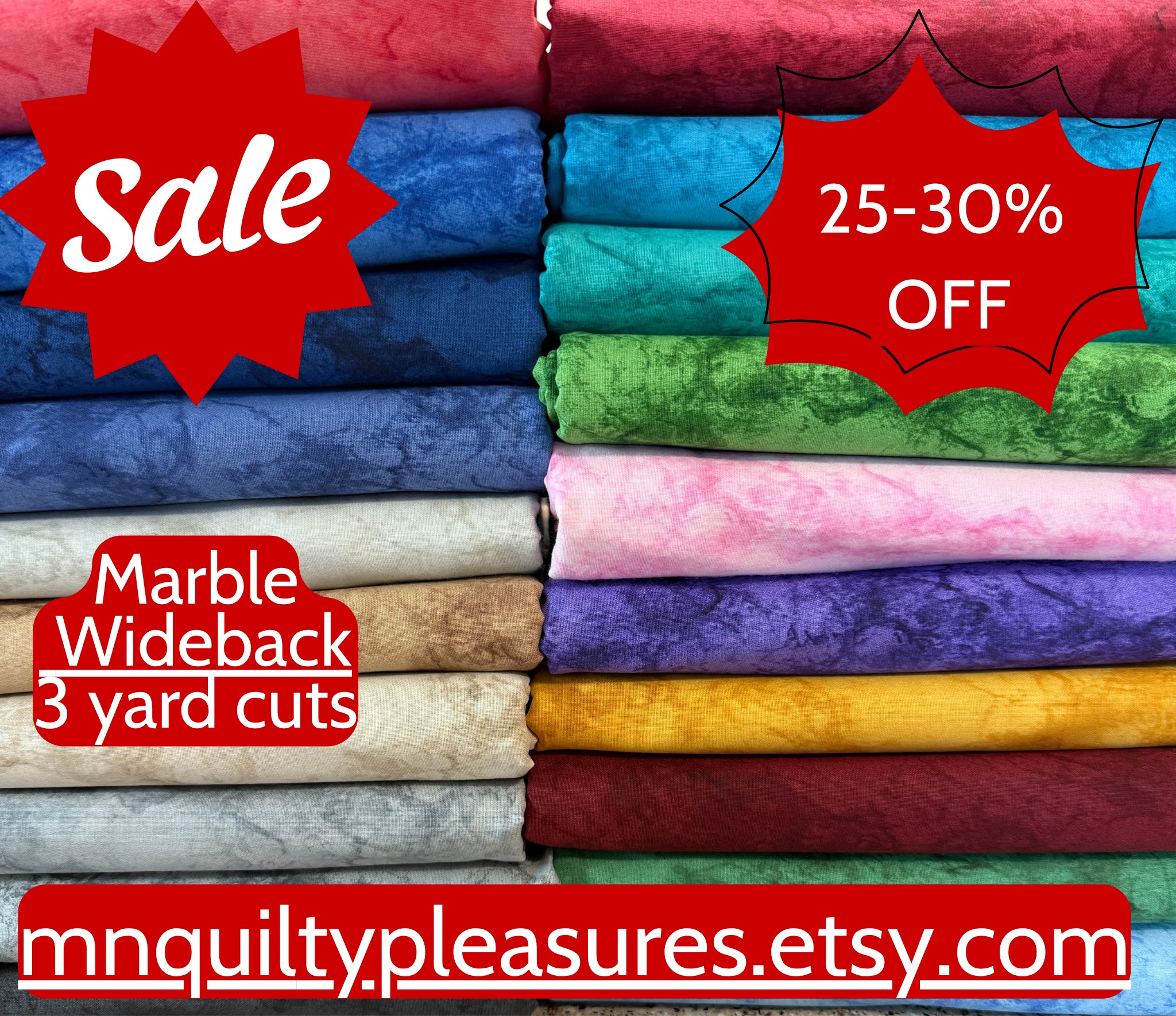 MNQuiltyPleasures Facebook ad: Freshly stocked on 3 yard cuts!