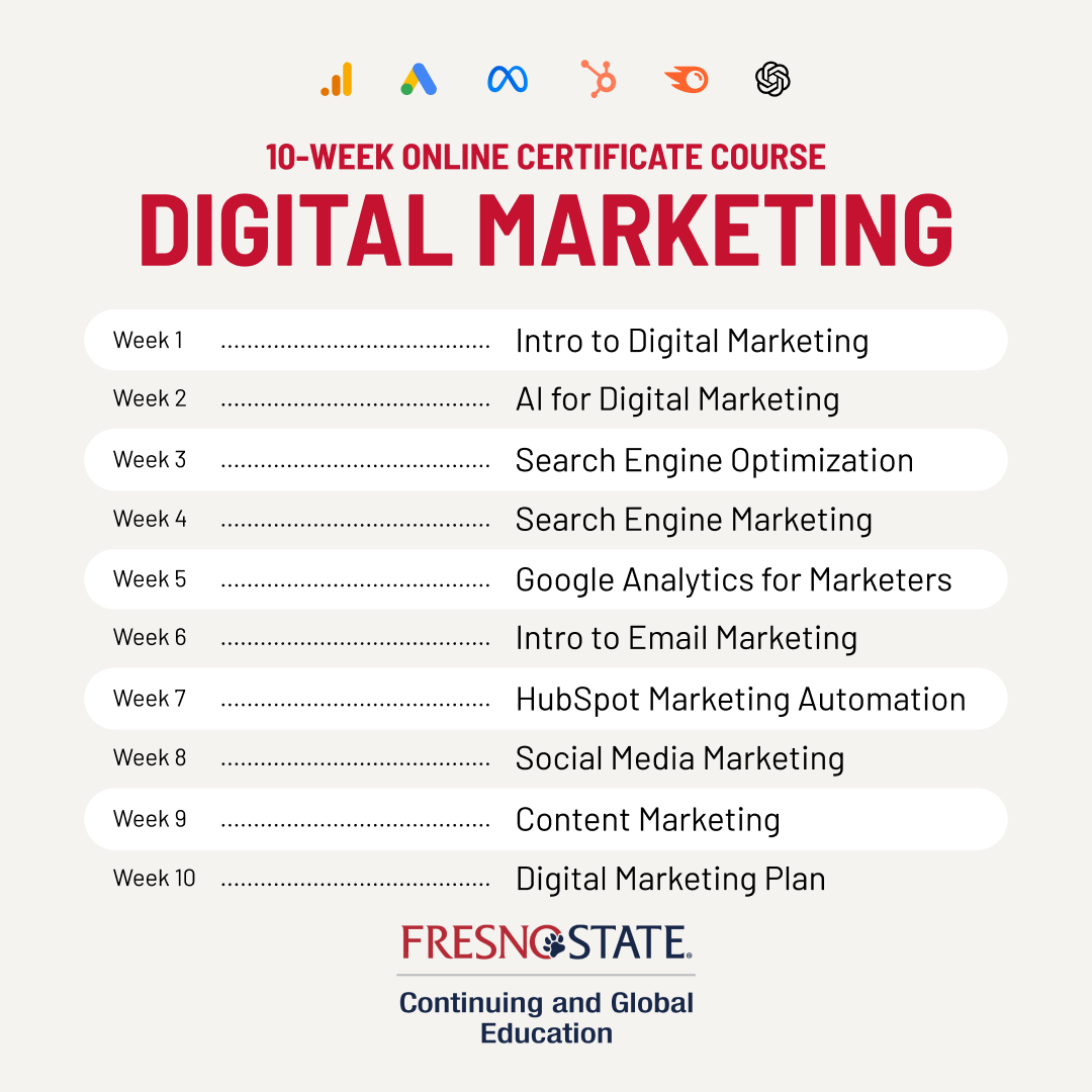 Fresno State Continuing and Global Education Facebook ad: Learn SEO, paid ads, and email in 10 weeks.