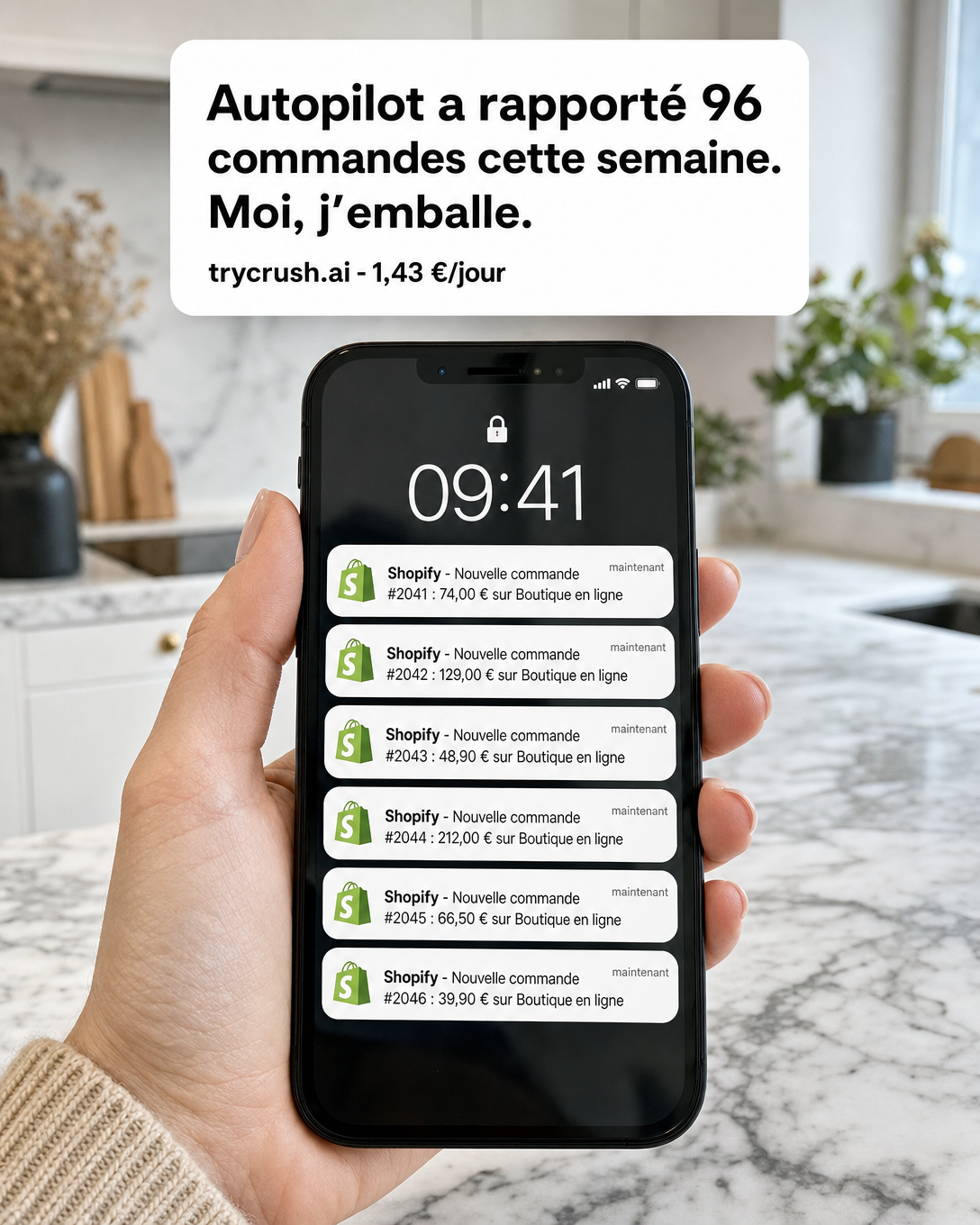 trycrush.ai Facebook ad: Autopilot a rapporté 96 commandes cette semaine