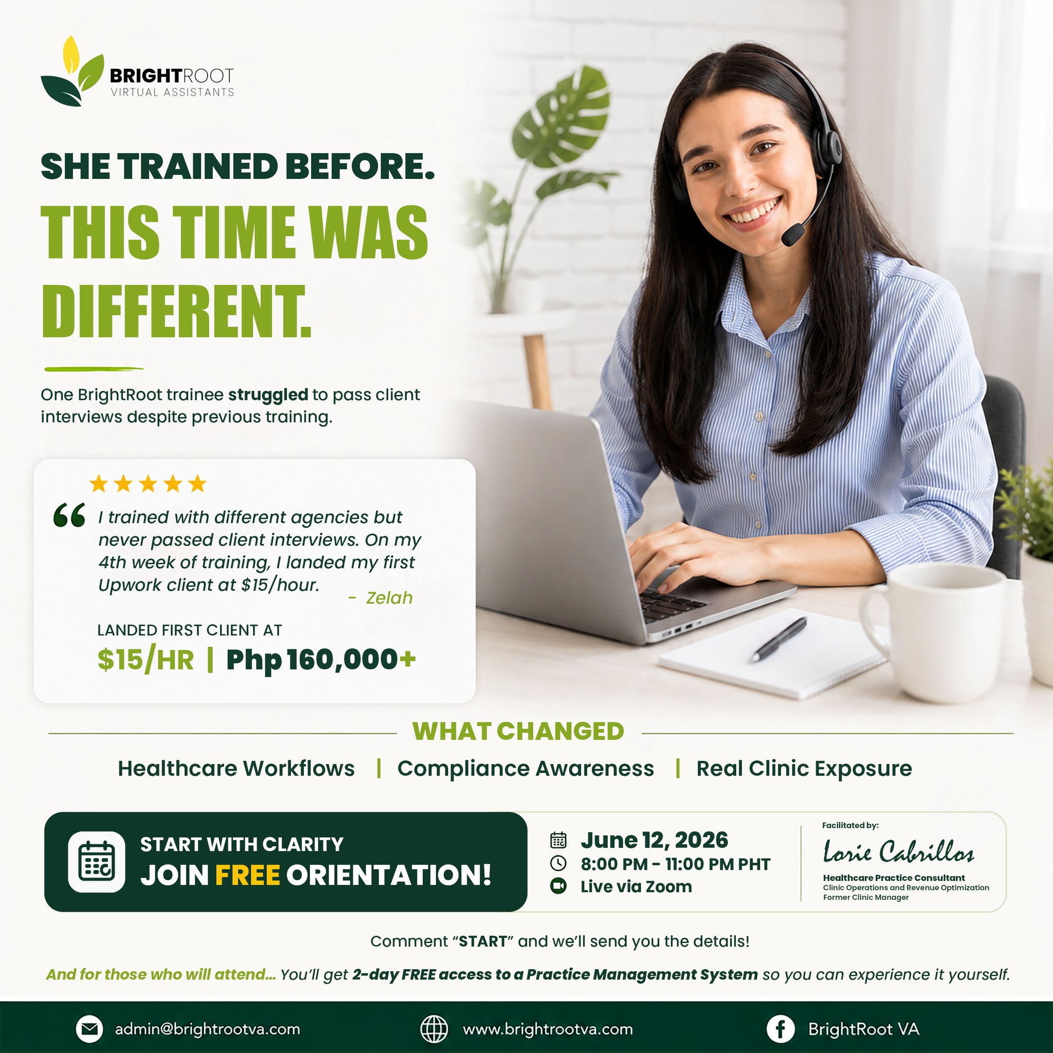 BrightRoot VA Facebook ad: ๐ฆ๐ต๐ฒ ๐๐ฟ๐ฎ๐ถ๐ป๐ฒ๐ฑ ๐ฏ๐ฒ๐ณ๐ผ๐ฟ๐ฒ.