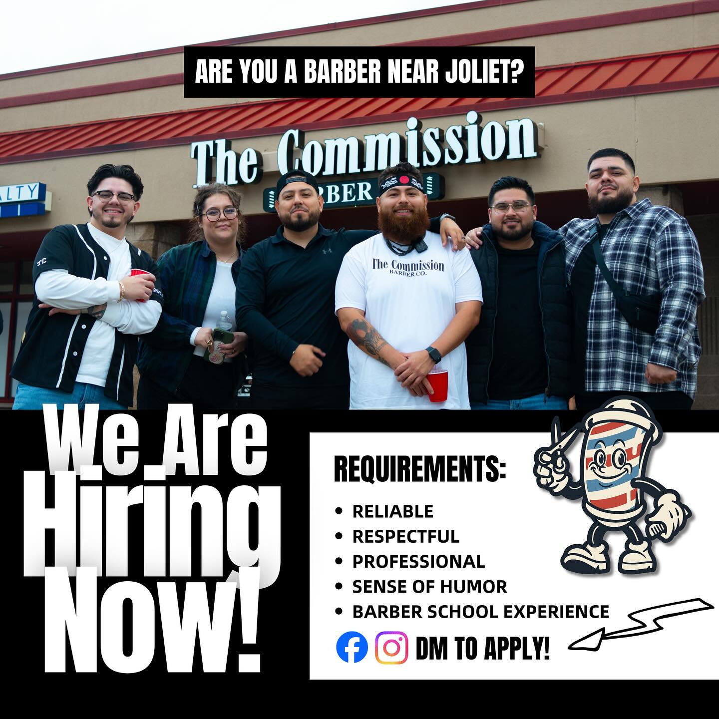 The Commission Barber Co. Facebook ad: We’re hiring Barbers at The Commission in Joliet…