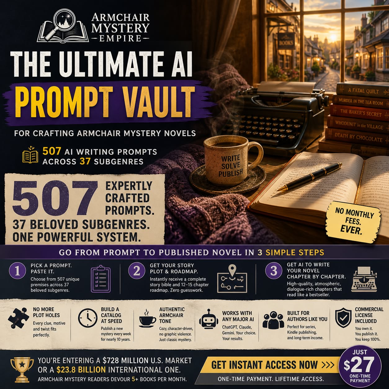 Armchair Mystery Empire Facebook ad: 507 AI Prompts That Write Complete Mystery Novels For You