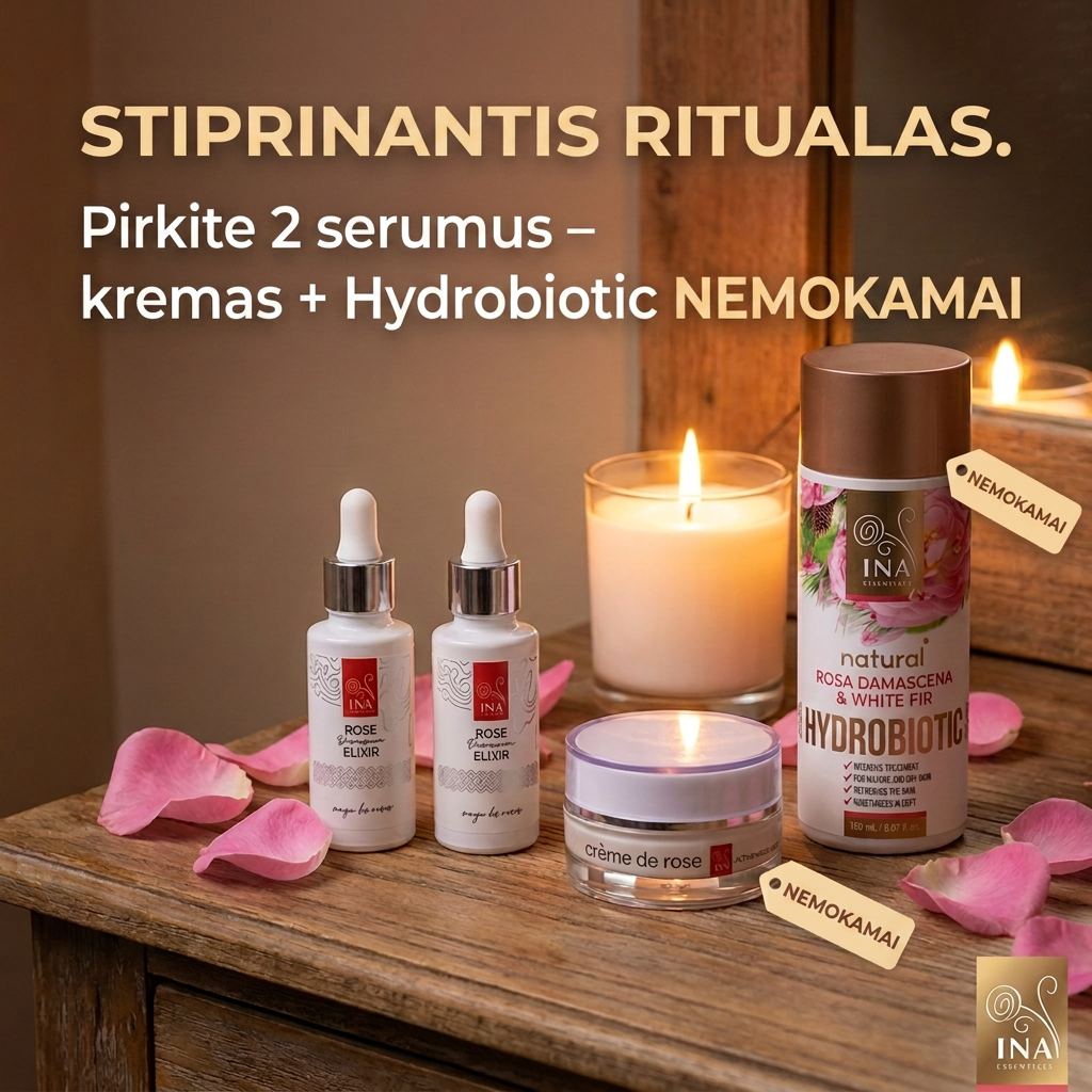 Organinė Kosmetika - InaEssentials.LT Facebook ad: Pirk 2 serumus Rose Elixir, kremą ir Hydrobiotic dovanų