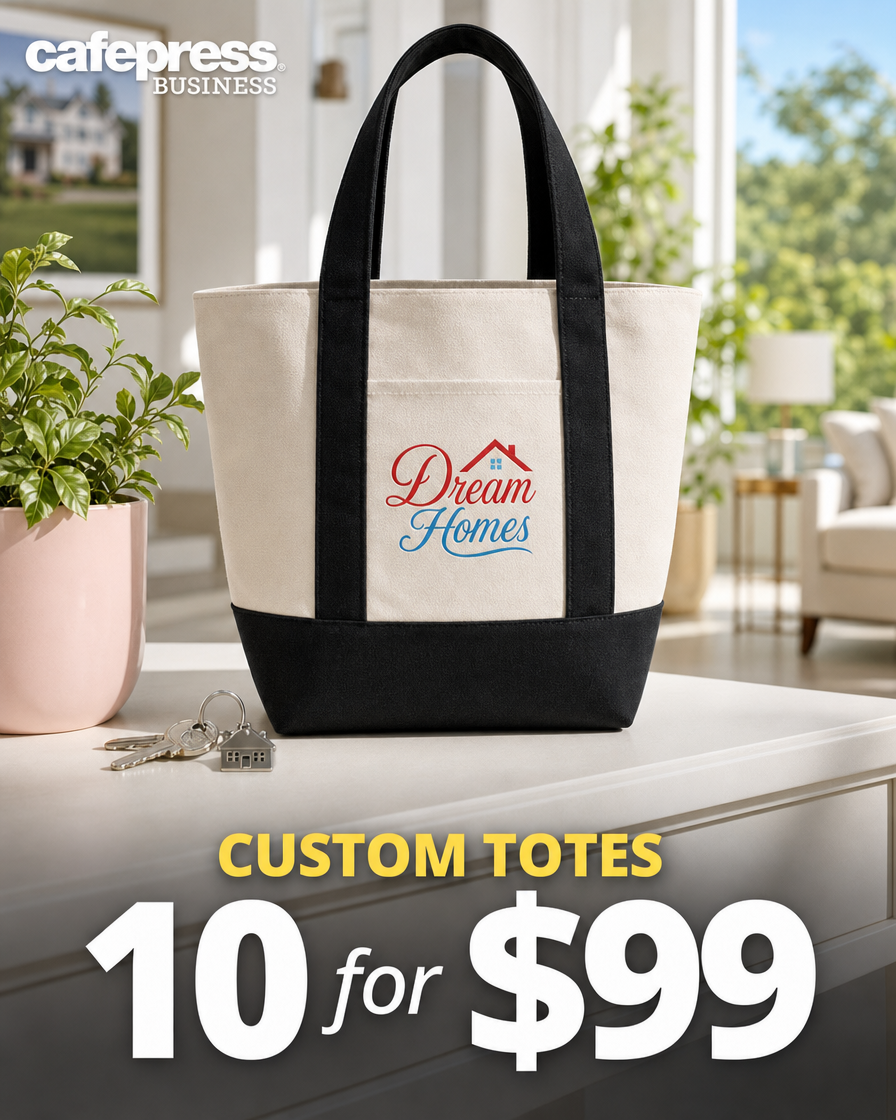CafePress Facebook ad: 10 Custom Tote Bags for $99. Your Logo Everywhere.