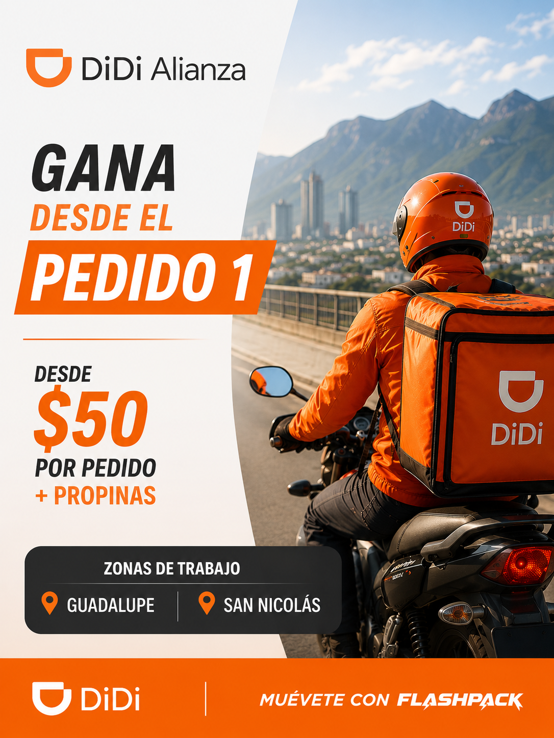 Flash Pack Facebook ad: **¡REPARTIDORES EN MOTO, LOS ESTAMOS BUSCANDO EN…