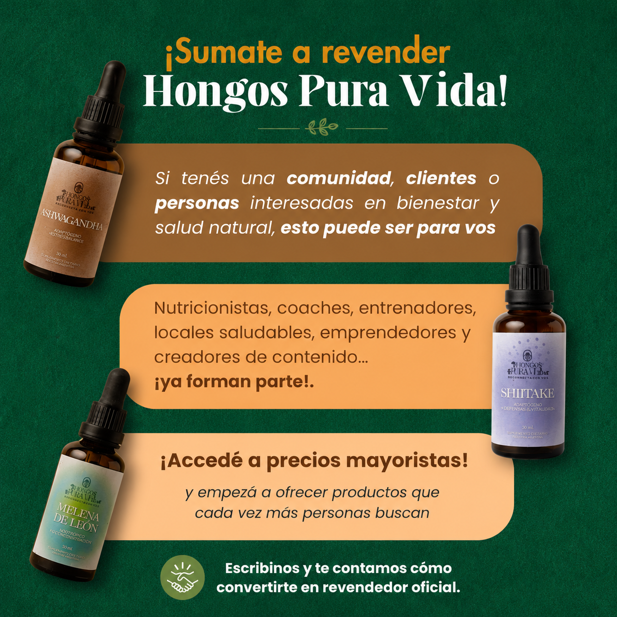 Hongos PuraVida Facebook ad: Sé Revendedor