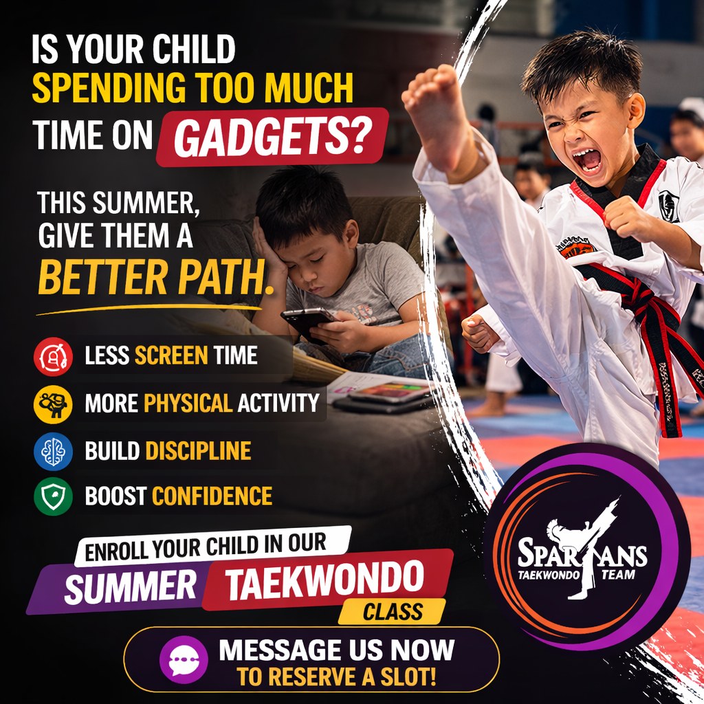 Spartans Taekwondo Team Facebook ad: 𝗣𝗮𝗿𝗲𝗻𝘁𝘀… 𝗮𝗿𝗲 𝗴𝗮𝗱𝗴𝗲𝘁𝘀 𝘀𝗹𝗼𝘄𝗹𝘆…