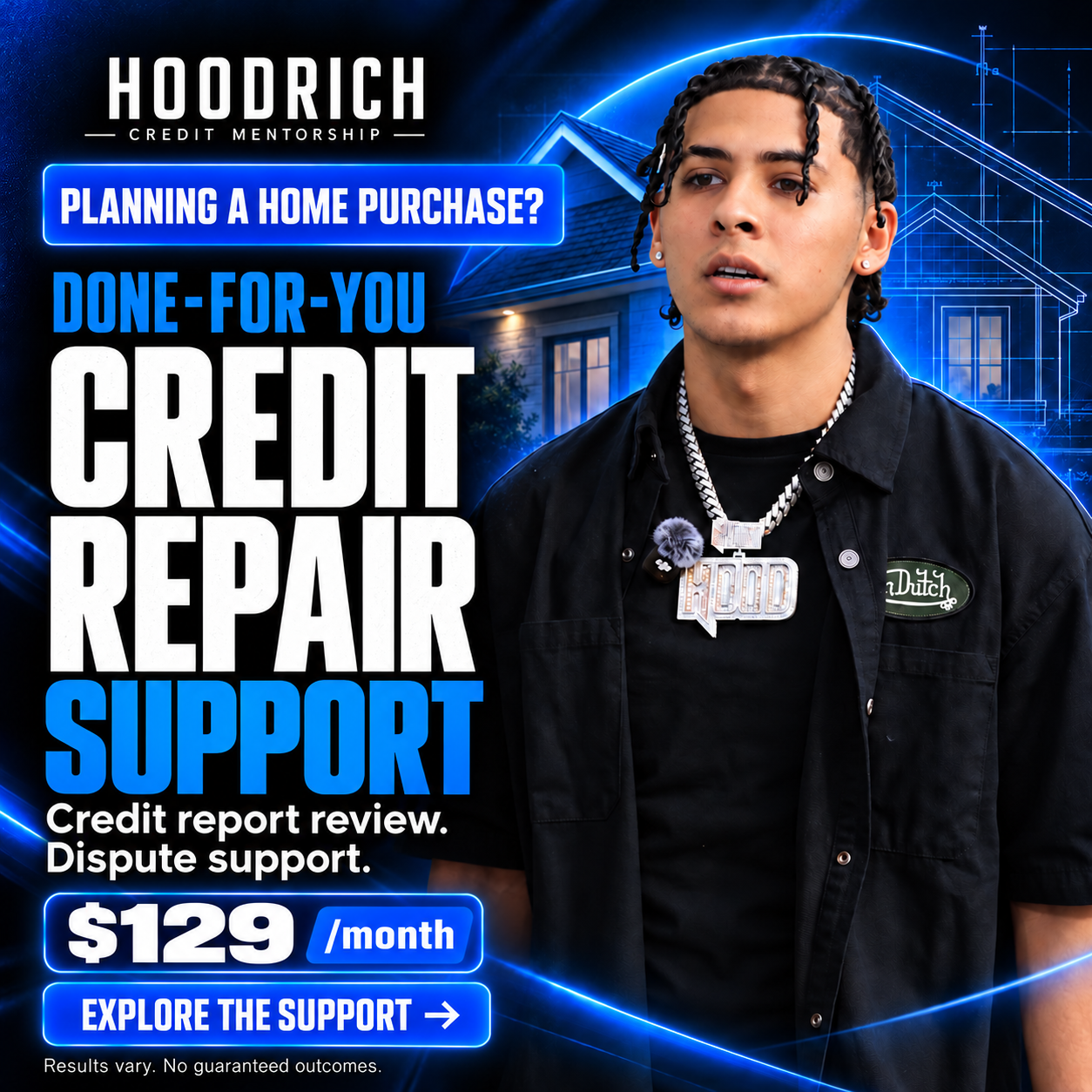 Hoodrichcredit Facebook ad: Done-for-you credit repair support