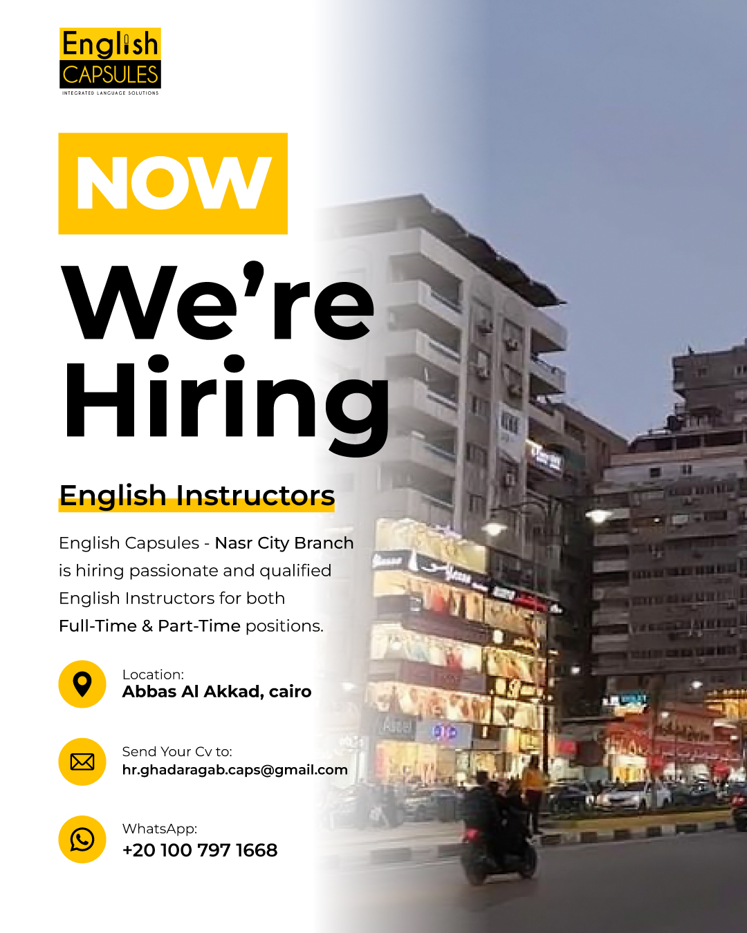 English Capsules Facebook ad: We Are hiring English Instructors