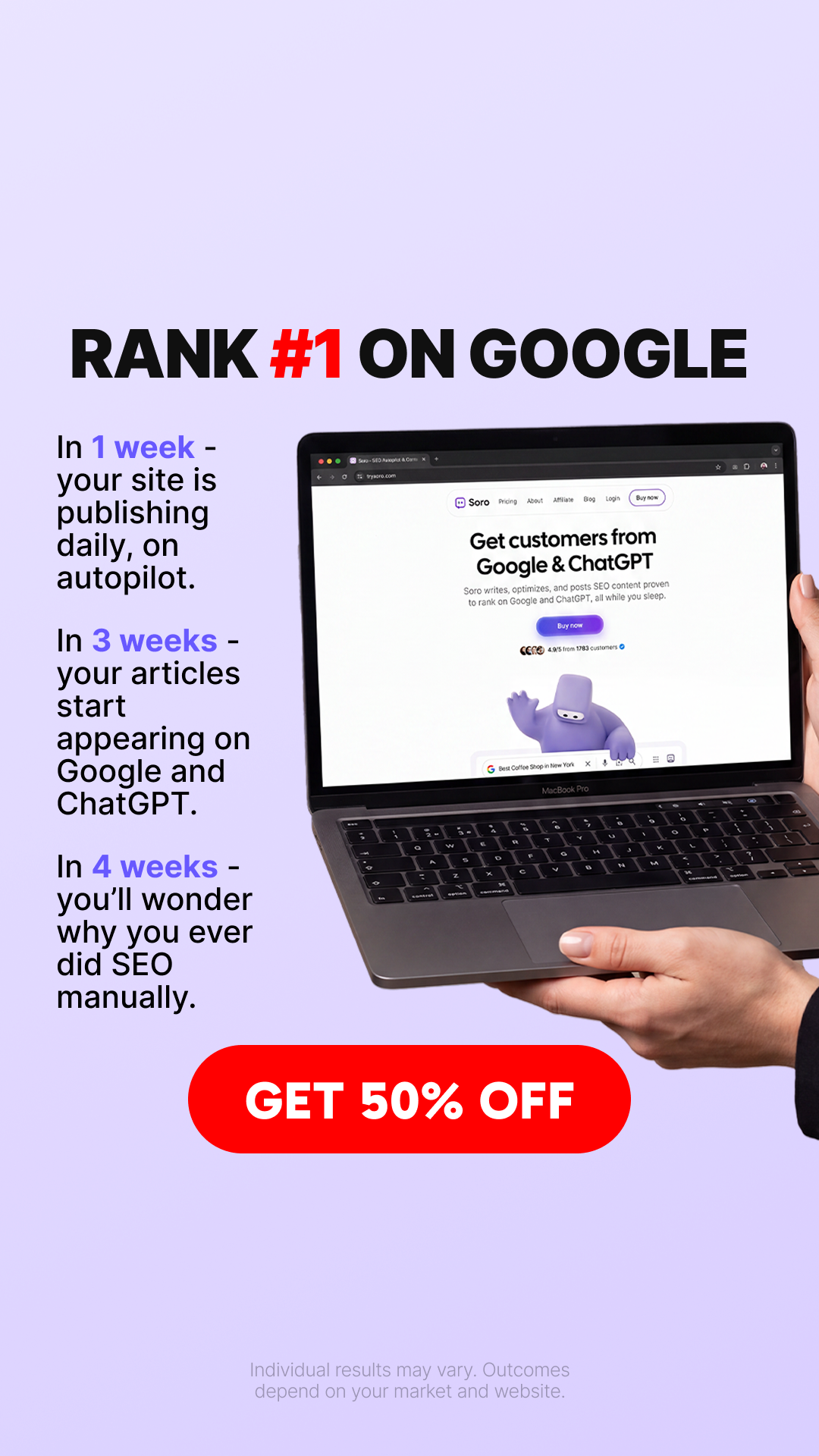 Soro SEO Facebook ad: Rank #1 on Google