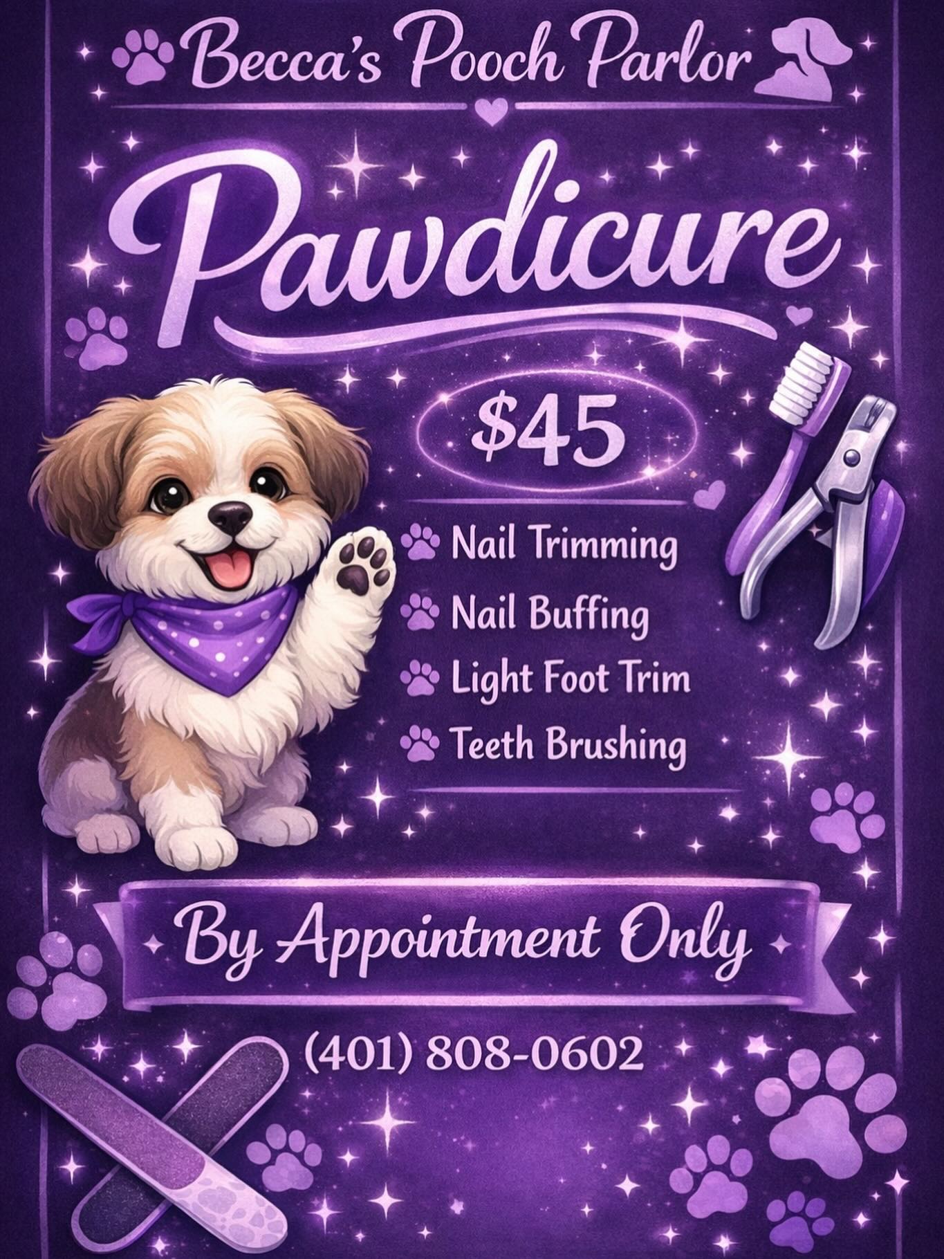 Becca’s Pooch Parlor Facebook ad: Our Pawdicure is the perfect mini maintenance service…