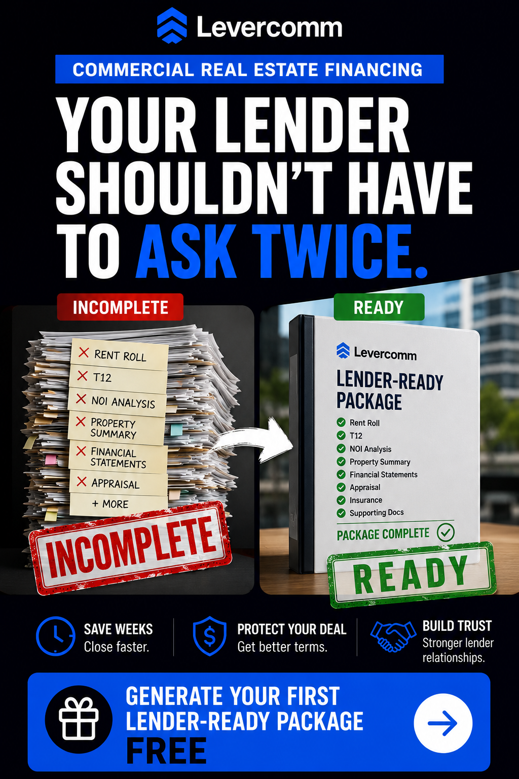 Levercomm Facebook ad: Package Your Deal in Minutes
