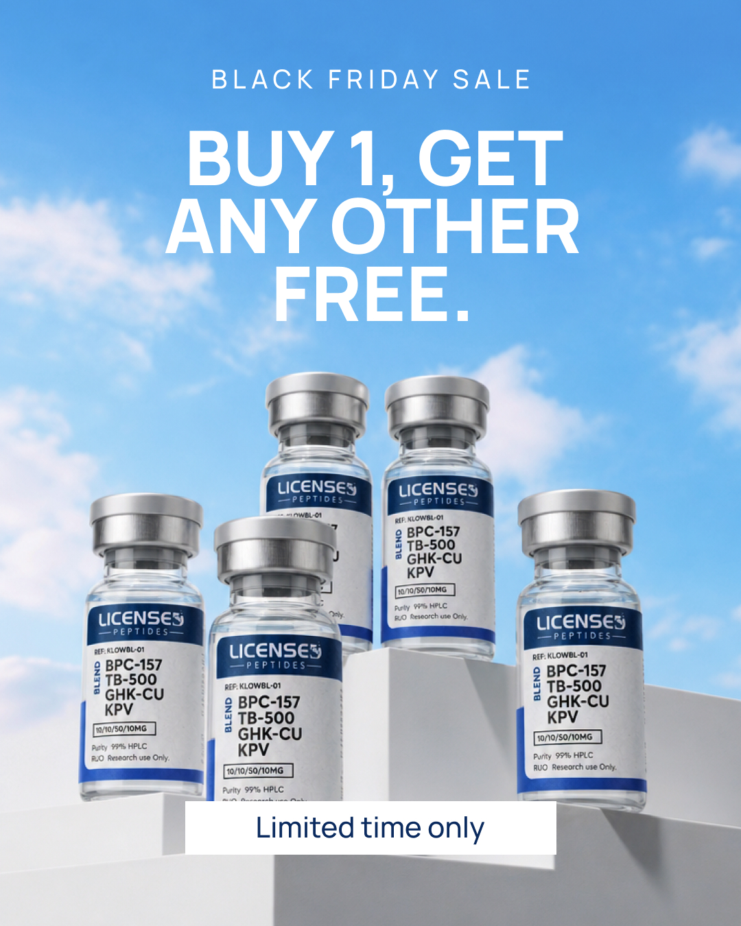 Licensed Peptides Facebook ad: 2 FOR 1, PICK ANY VIAL FREE