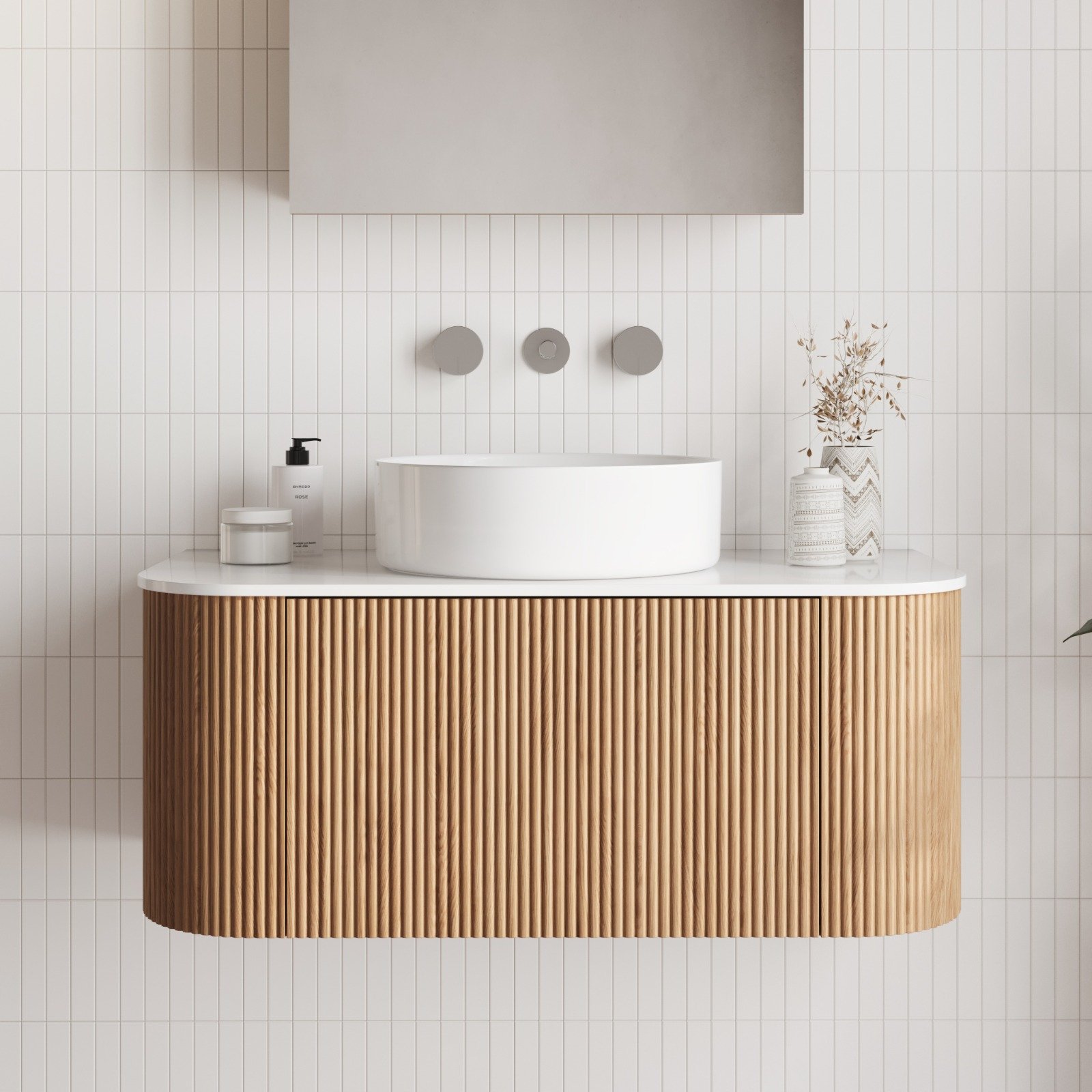 Alex Marneros Facebook ad: Curved Fluted Timber Oak Vanity - (V Groove) with Stonetop…