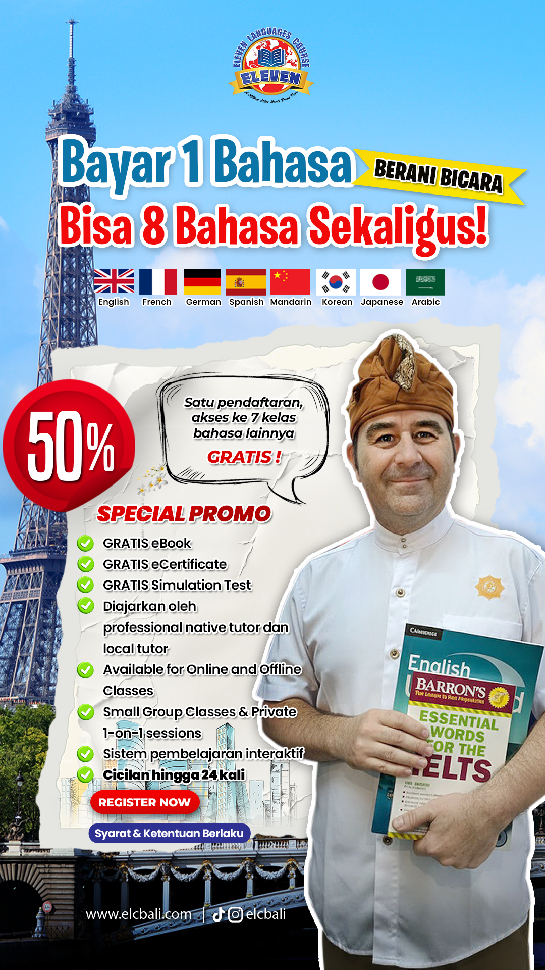 Eleven Languages Course Bali Facebook ad: Klaim Diskon 50%