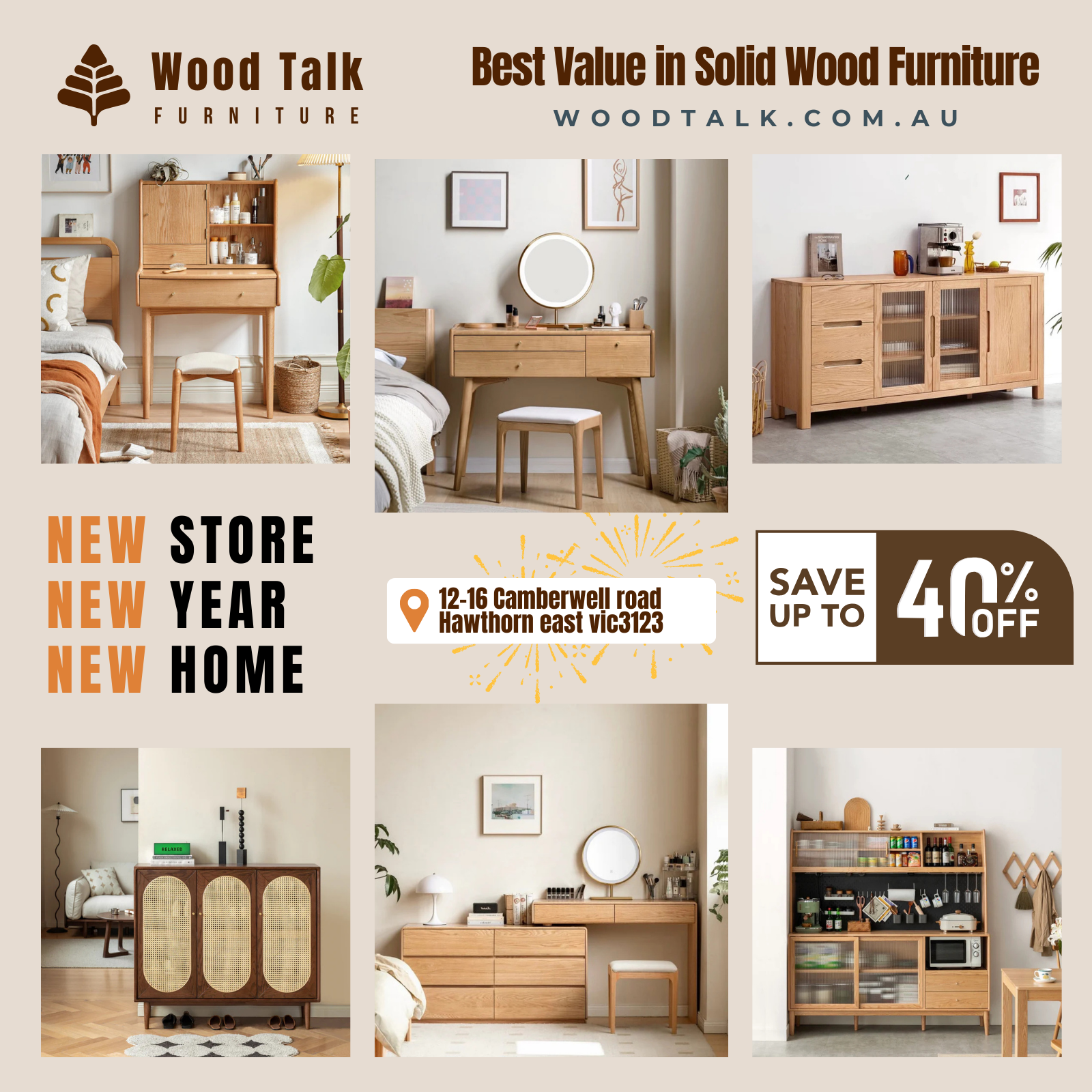 Wood Talk Furniture Facebook ad: Premium Solid Wood Storage, Now Up To 40%…