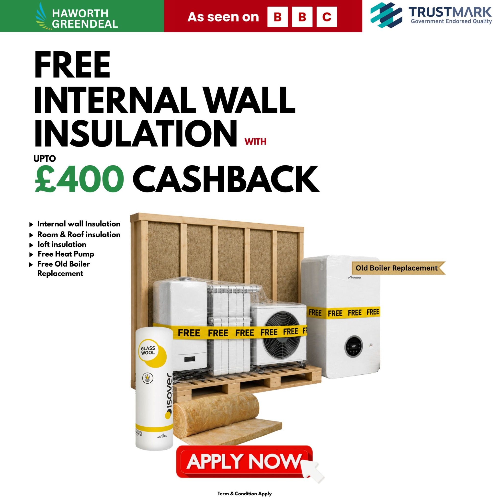 Haworth Greendeal Ltd Facebook ad: FREE Internal Wall Insulation + Up To £400 Cashback