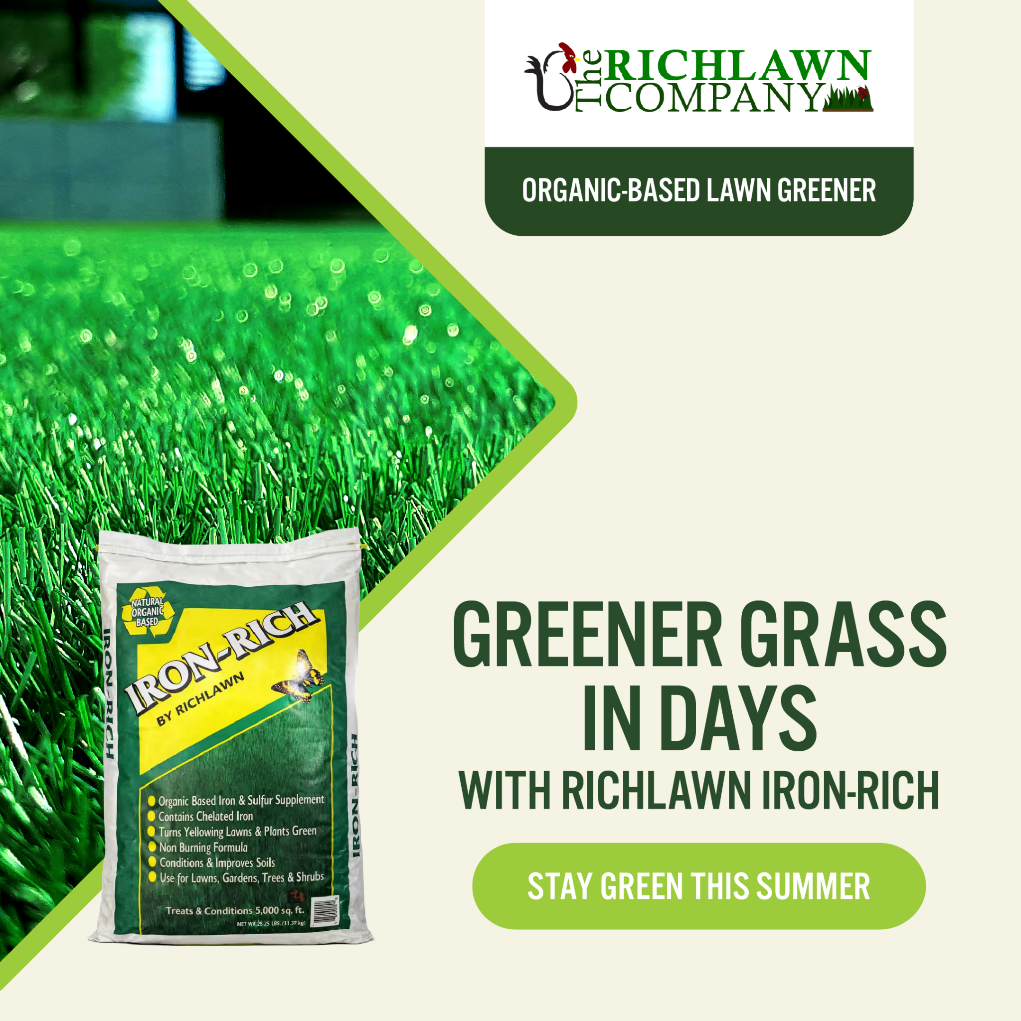 The Richlawn Company Facebook ad: Fix yellow and pale grass with Richlawn Iron-Rich…
