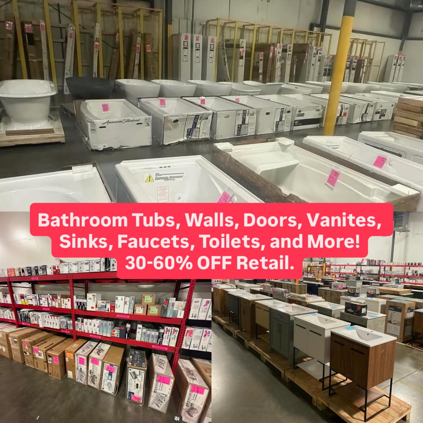 Home Improvement Outlet Greenville Facebook ad: !HUGE Bathroom Tub, Wall, Door, Vanity, Sinks, Faucet…