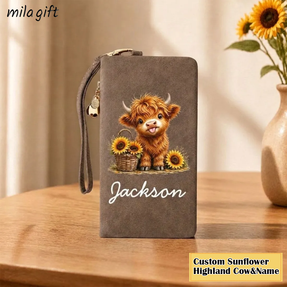 MilaGift Facebook ad: Personalized Cute Highland Cow Wristlet Wallet with Name…