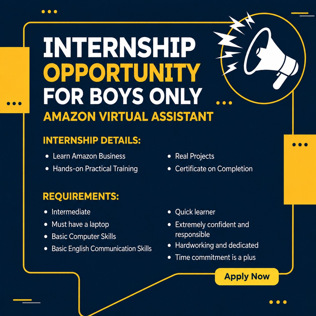 Semicolontech Facebook ad: Internship Opportunity, Amazon & E-Commerce