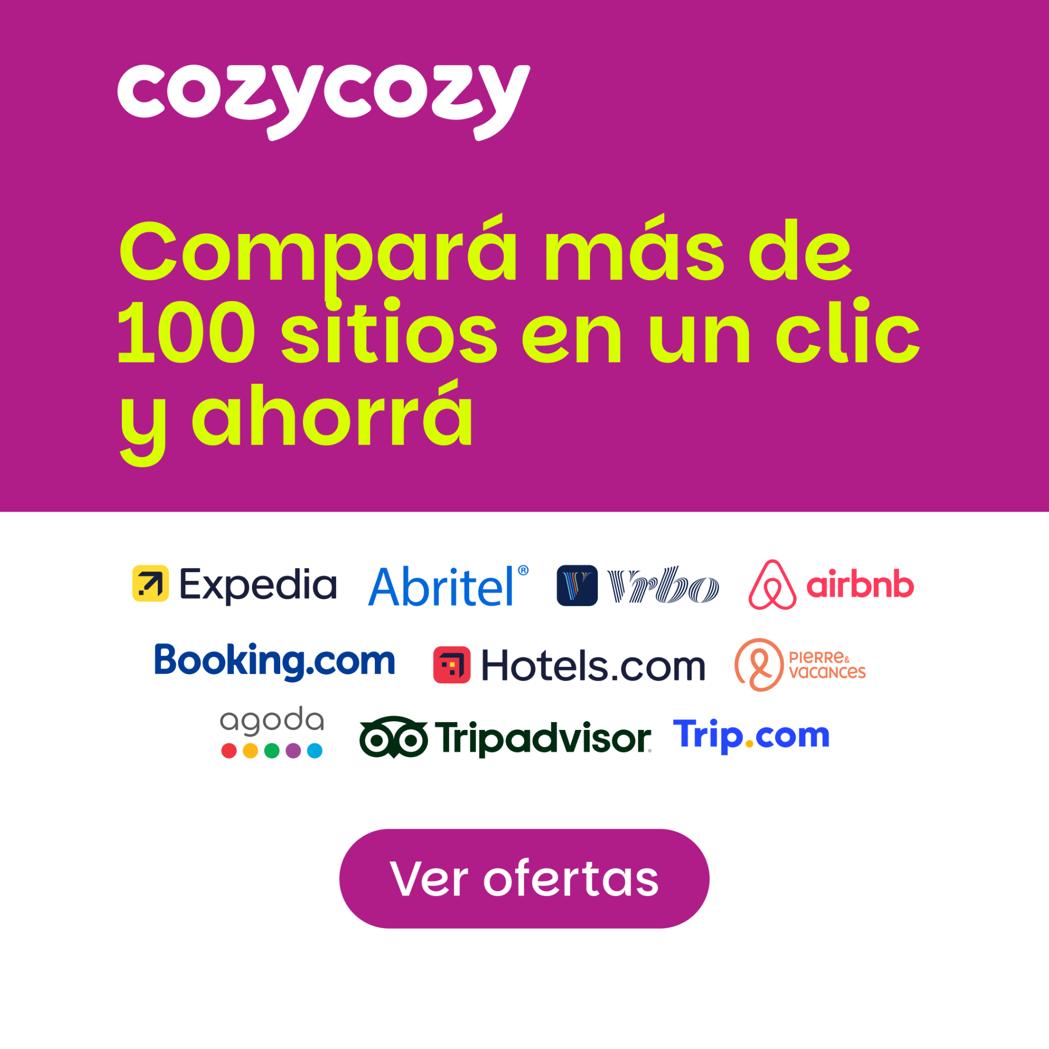 cozycozy.com Facebook ad: ¿Hotel, cabaña o depto? Cozycozy lo tiene todo.