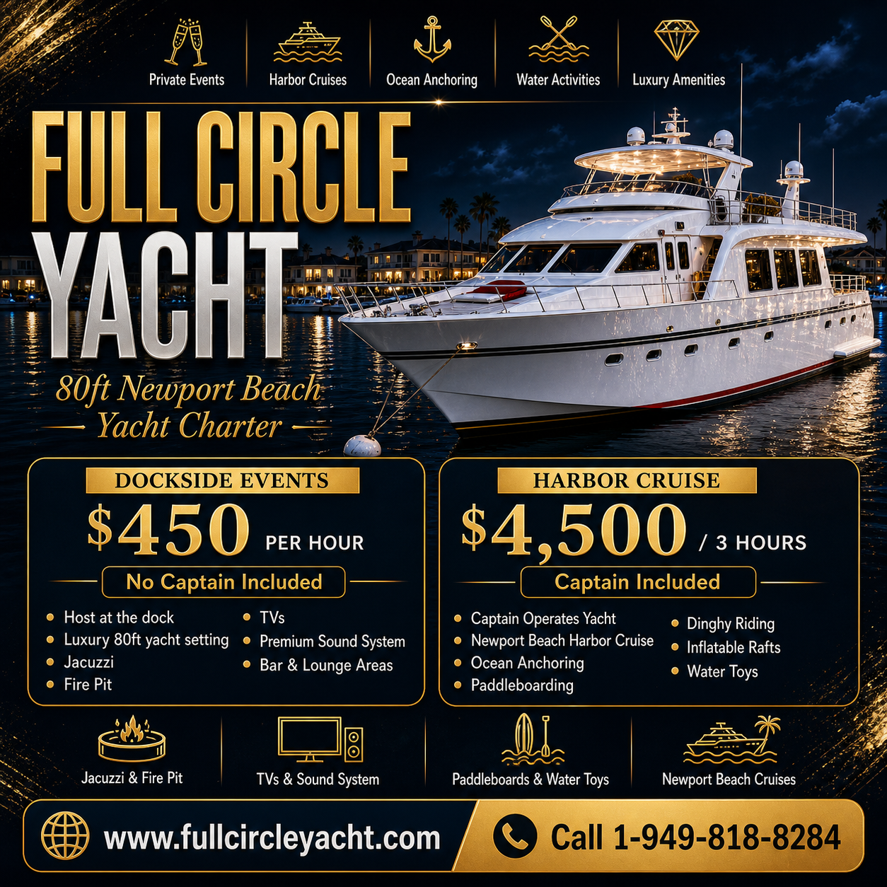 Full Circle Yacht Charter Facebook ad: Dockside Event or Private Yacht Charter in Newport Beach