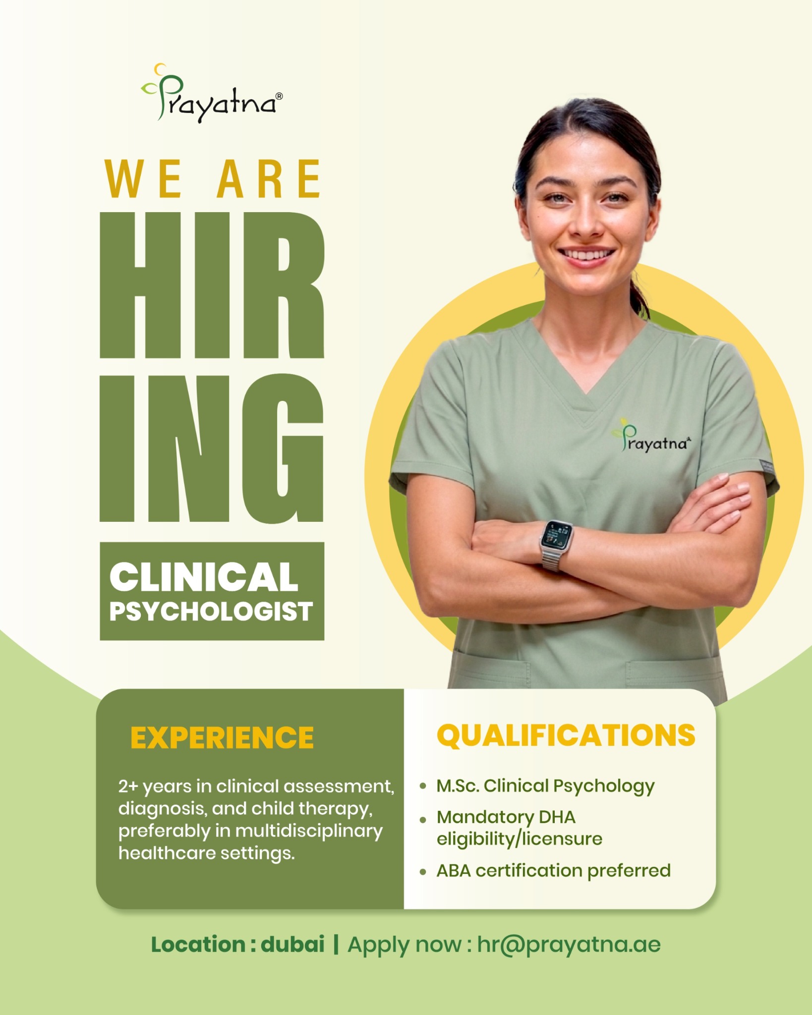 Prayatna Child Development Center UAE Facebook ad: We’re Hiring: Clinical Psychologist in Dubai