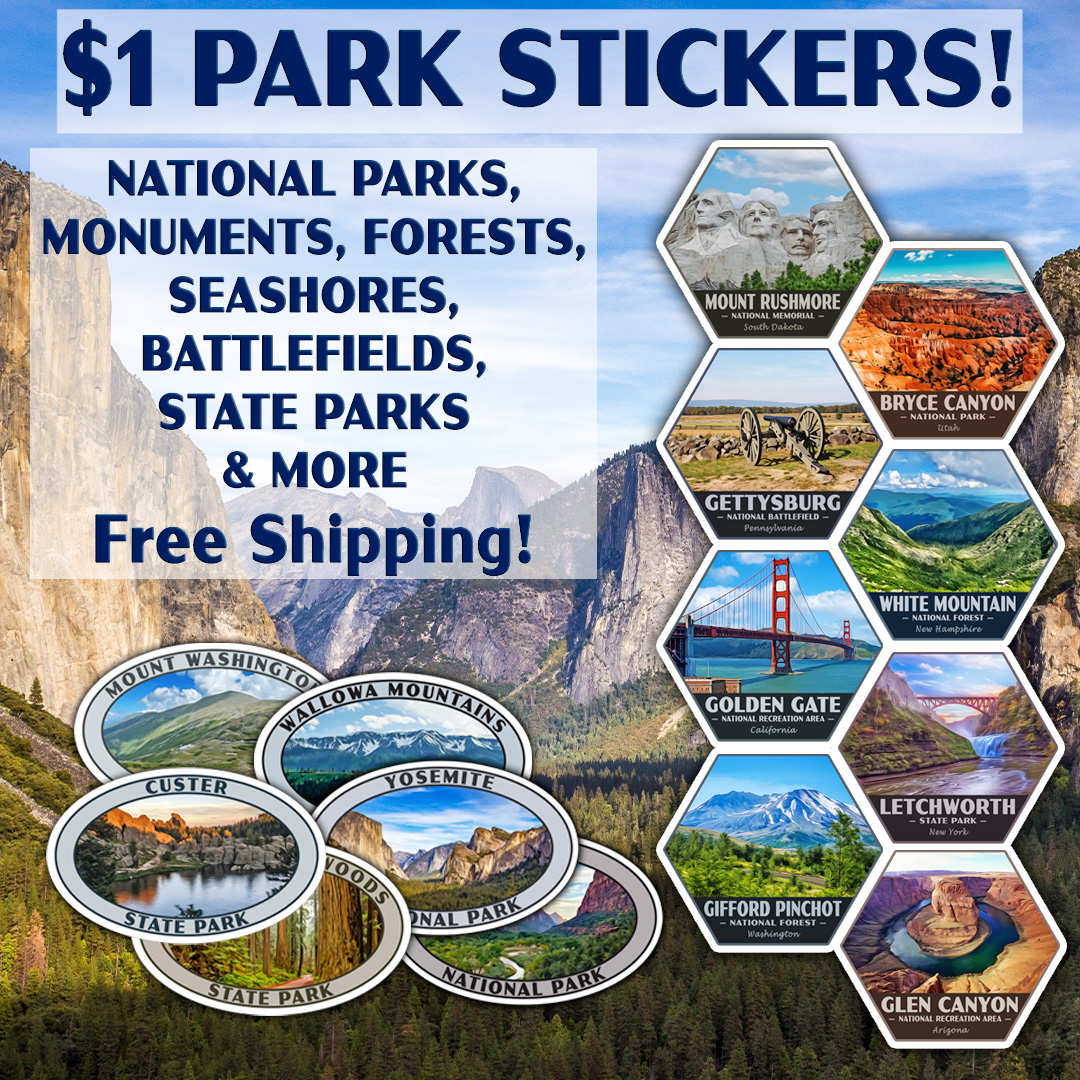 Just Go Travel Studios Facebook ad: $1 National & State Park Stickers-Free Shipping!