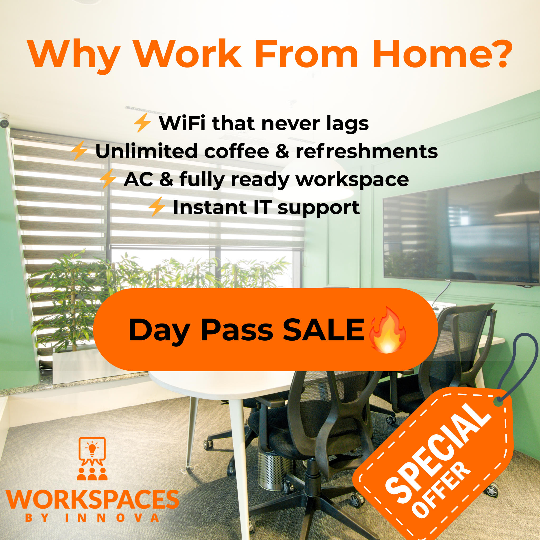 Workspaces by Innova Facebook ad: Get Your Day Pass Today!