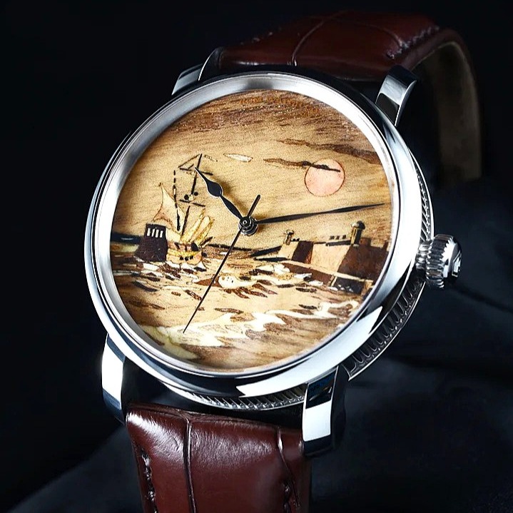 The RGM Watch Company Facebook ad: RGM Model 25 with Wood Marquetry dial, depicting…