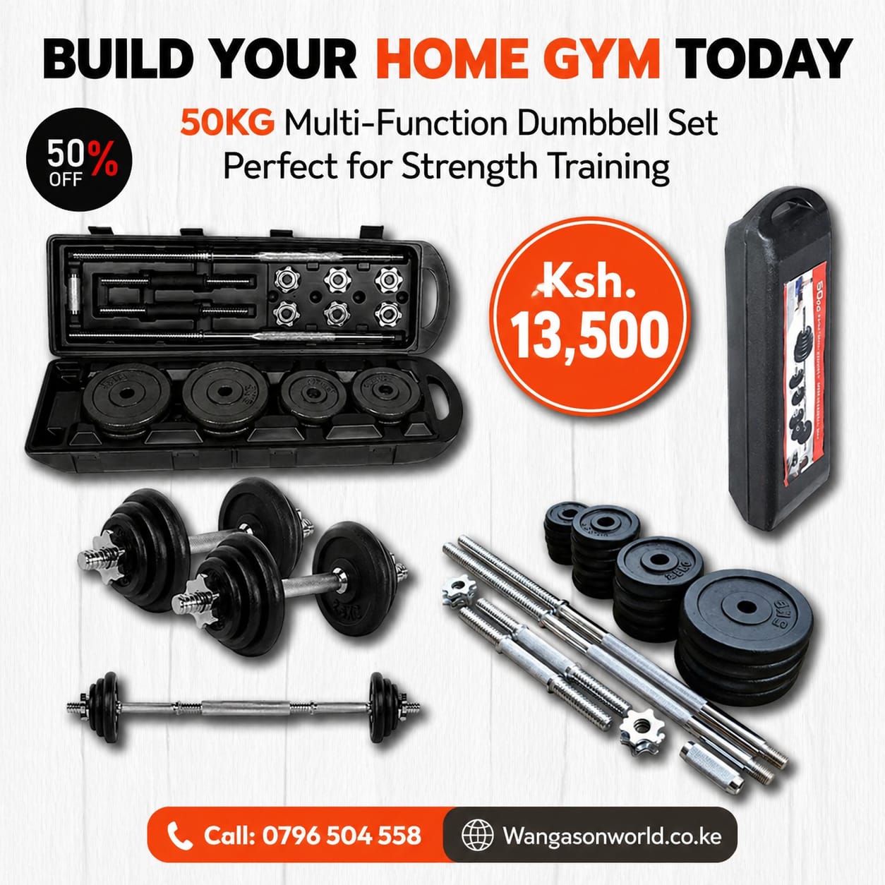 Wangason world KE Facebook ad: 50KG CAST IRON DUMBELL SET @13500 ONLTY