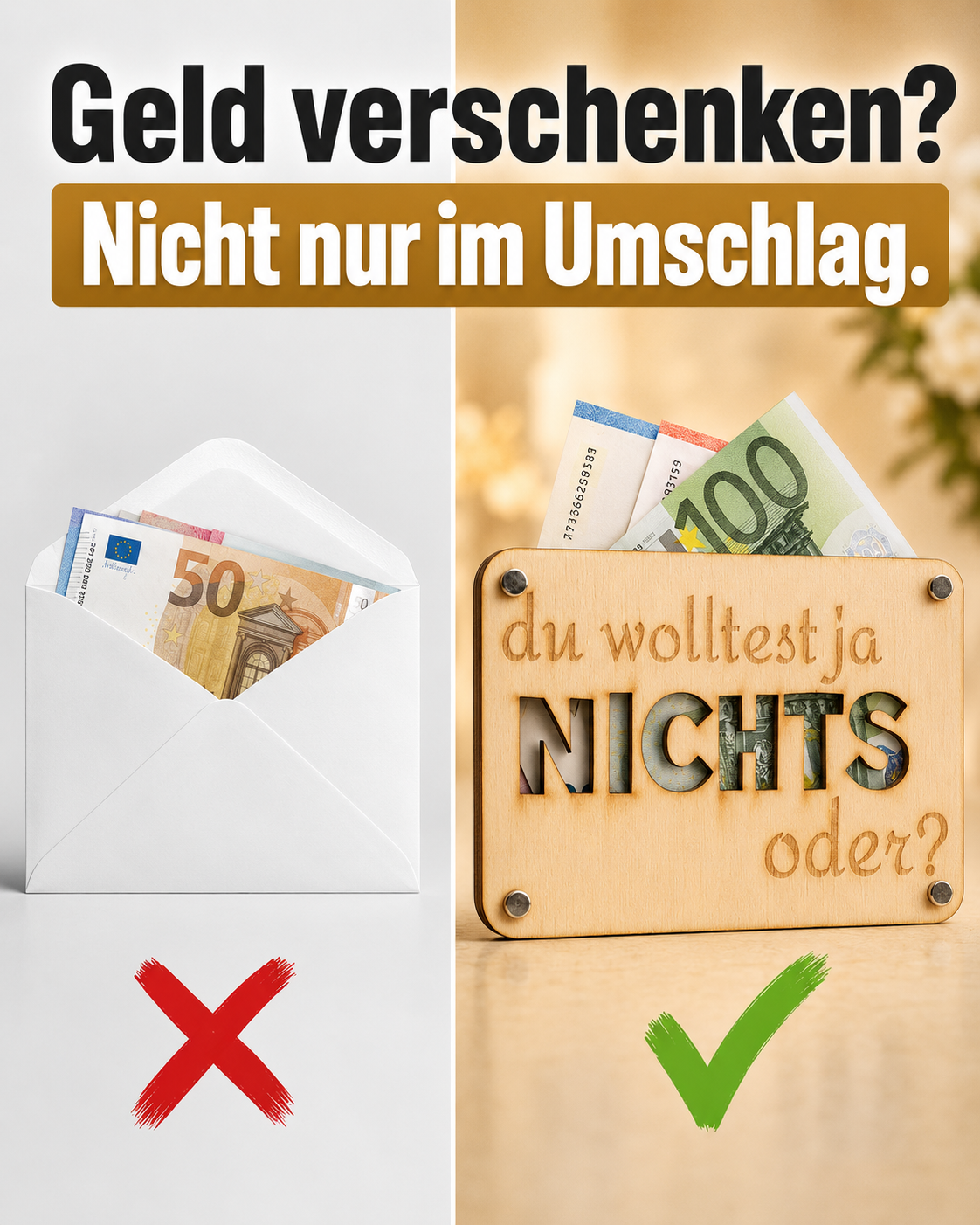 Createyourpresent Facebook ad: Personalisierte Geldgeschenkkarten aus Holz