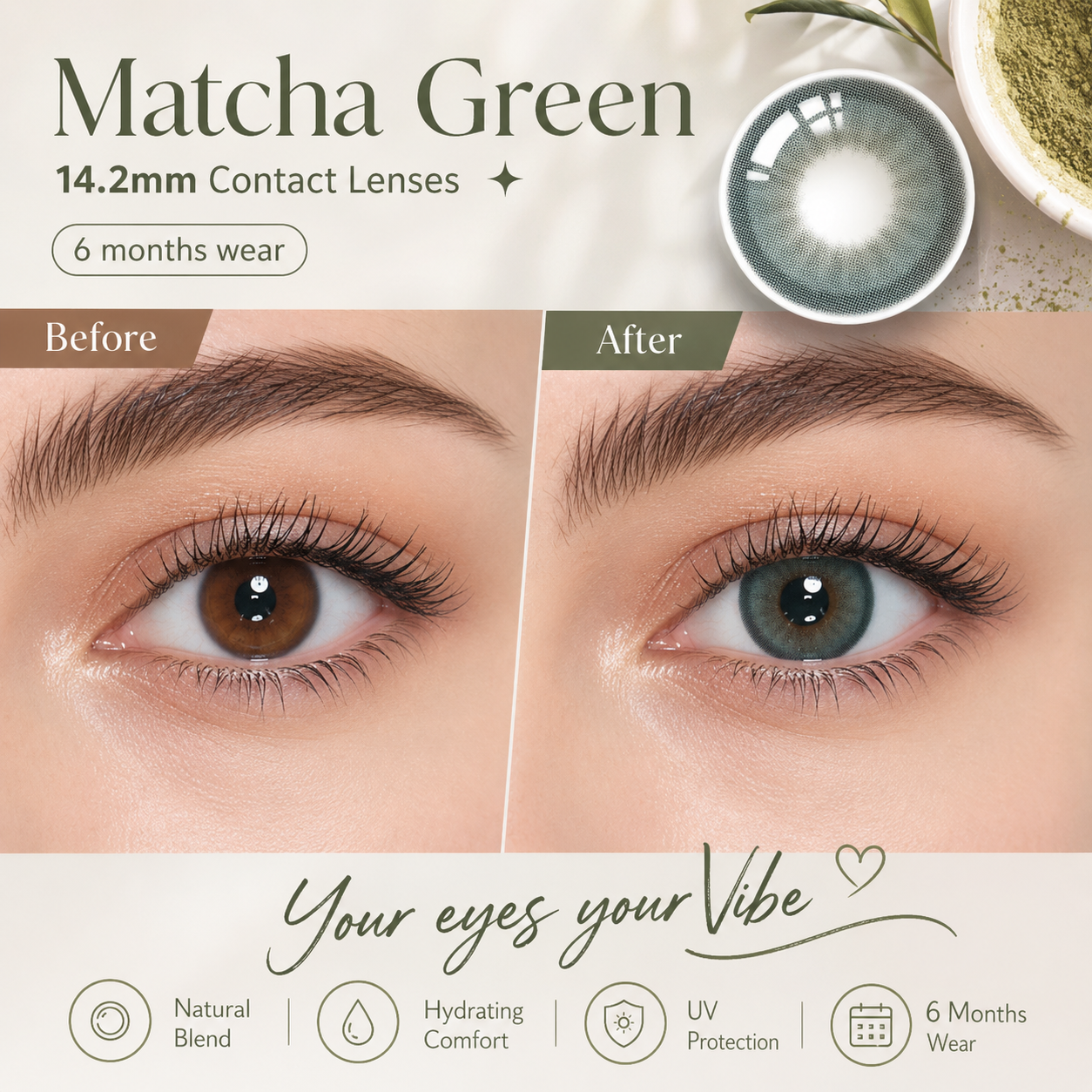 Favorlens Facebook ad: Matcha Green 14.2mm Contact Lenses(6 months wear)
