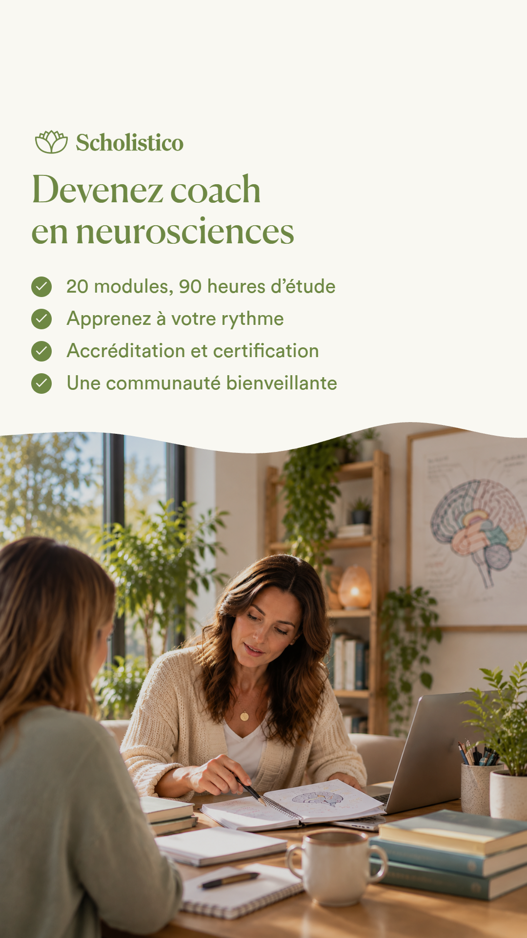 Scholistico en Français Facebook ad: Apprenez à coacher le cerveau en toute confiance