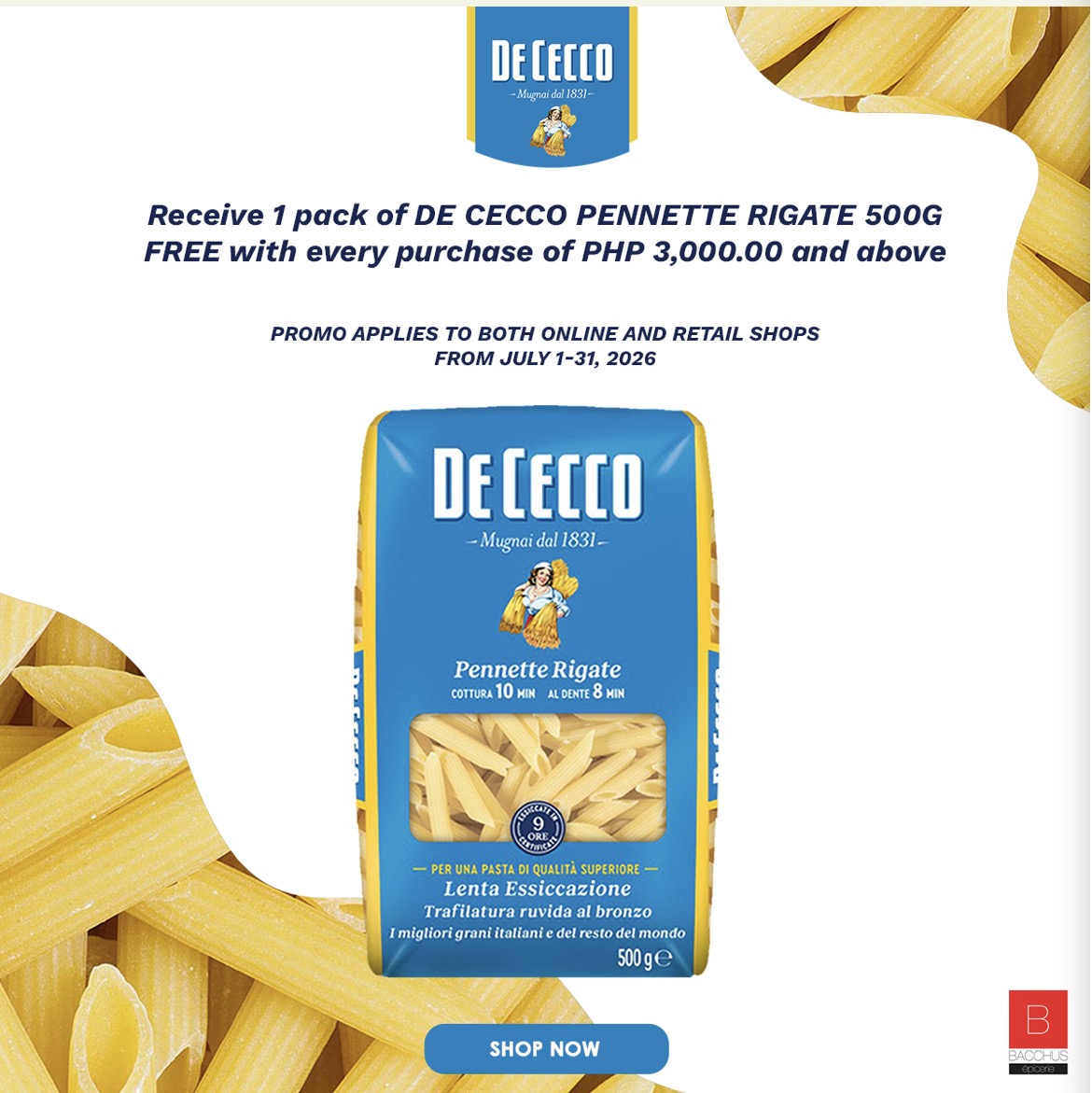 Bacchus Epicerie Facebook ad: FREE pack of De Cecco Pennette Rigate 500g,