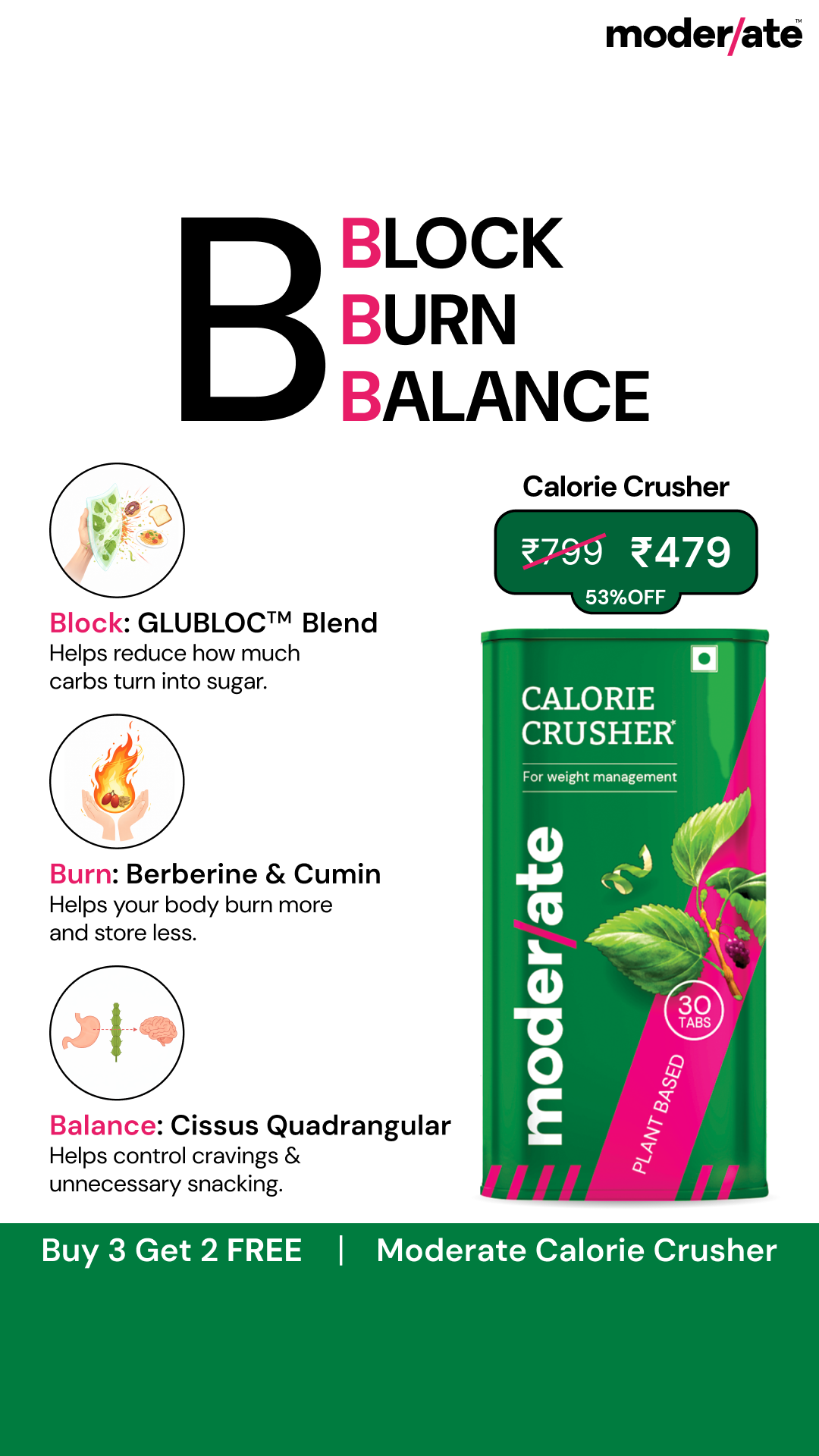 Letsmoderate Facebook ad: Buy 3, Get 2 FREE | Calorie Crusher