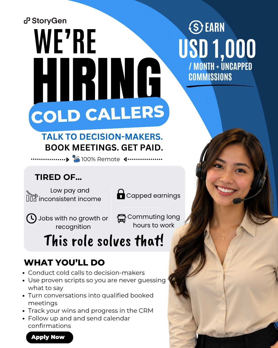 StoryGen Facebook ad: Tired of doing cold calls every day for low pay?