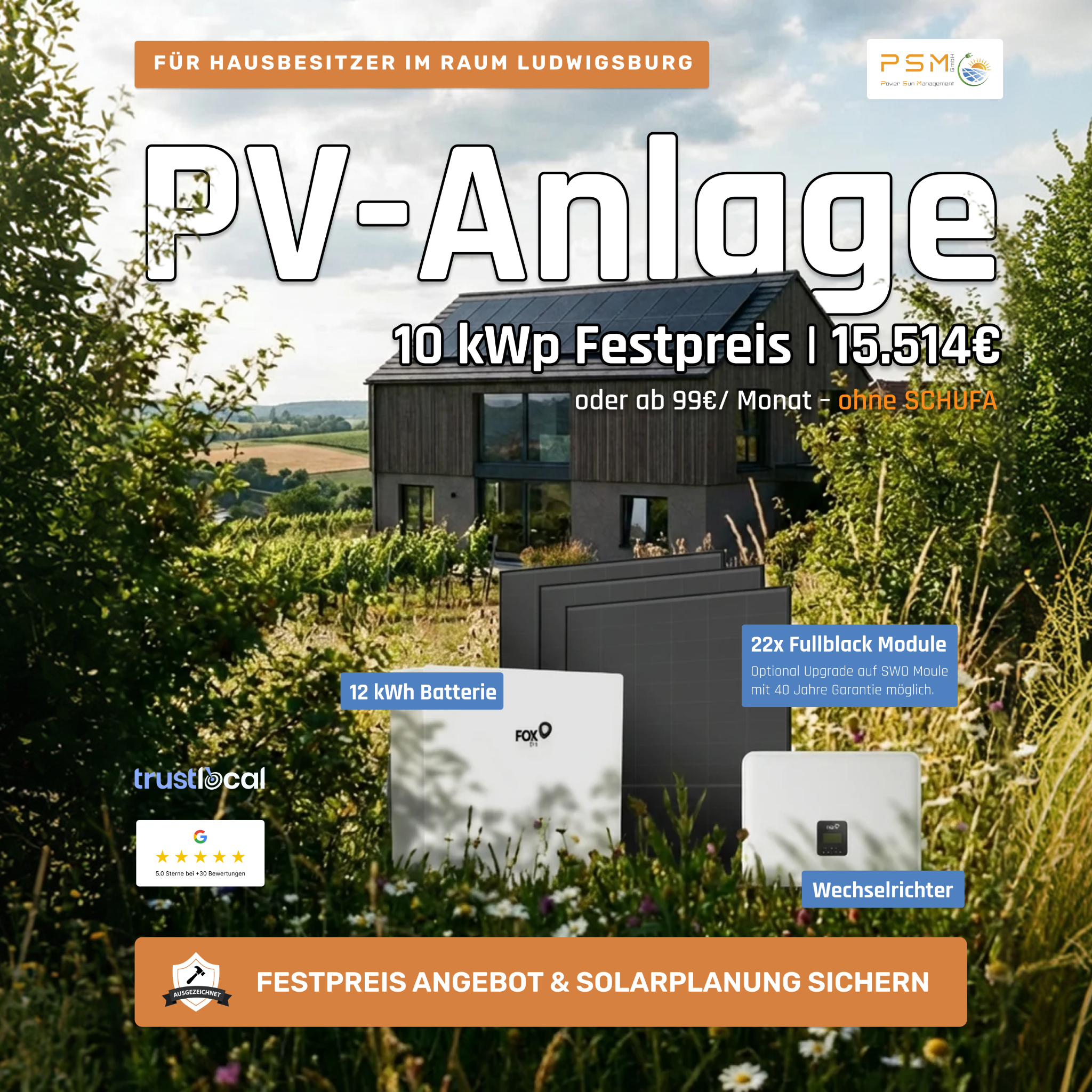 PSM - Power Sun Management GmbH Facebook ad: PV-Anlage mit 40 Jahren Garantie. Direkt vom…