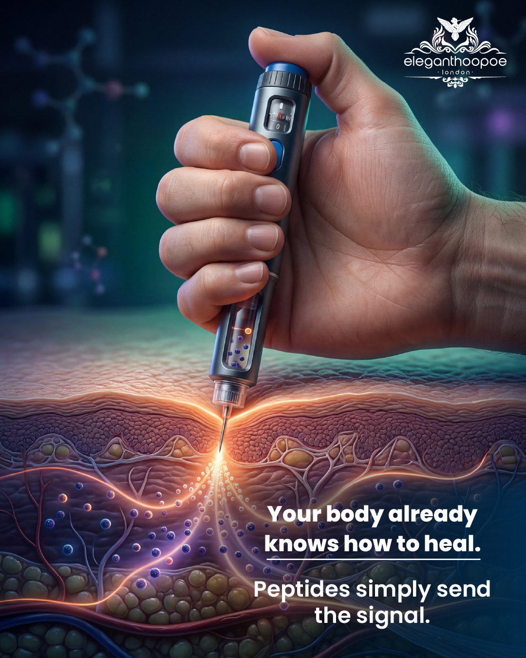 Elegant hoopoe UAE Facebook ad: Peptide therapy supports your body’s internal signaling.