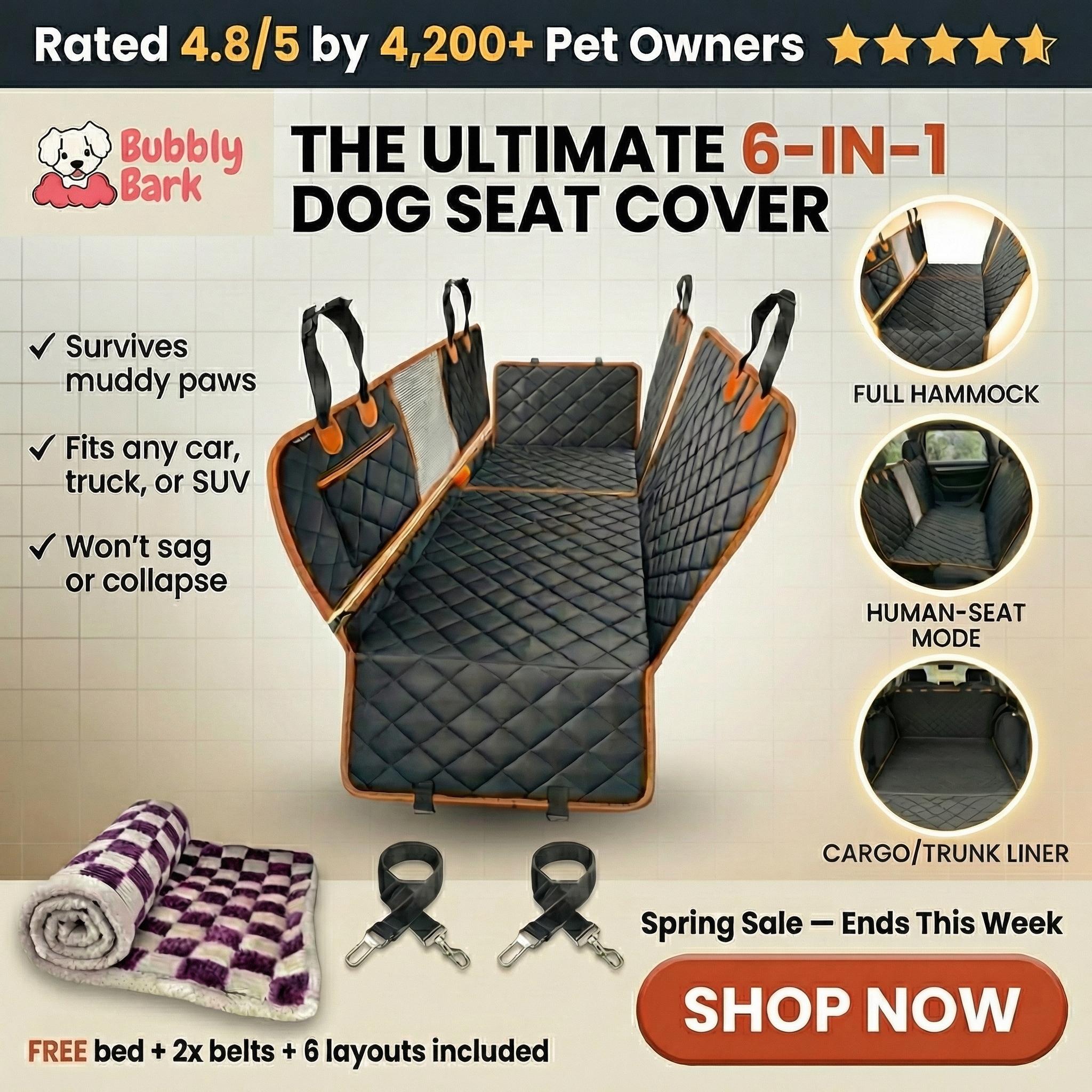 Bubbly Bark Facebook ad: Waterproof Dog Car Seat Hammock, 6-in-1 Back