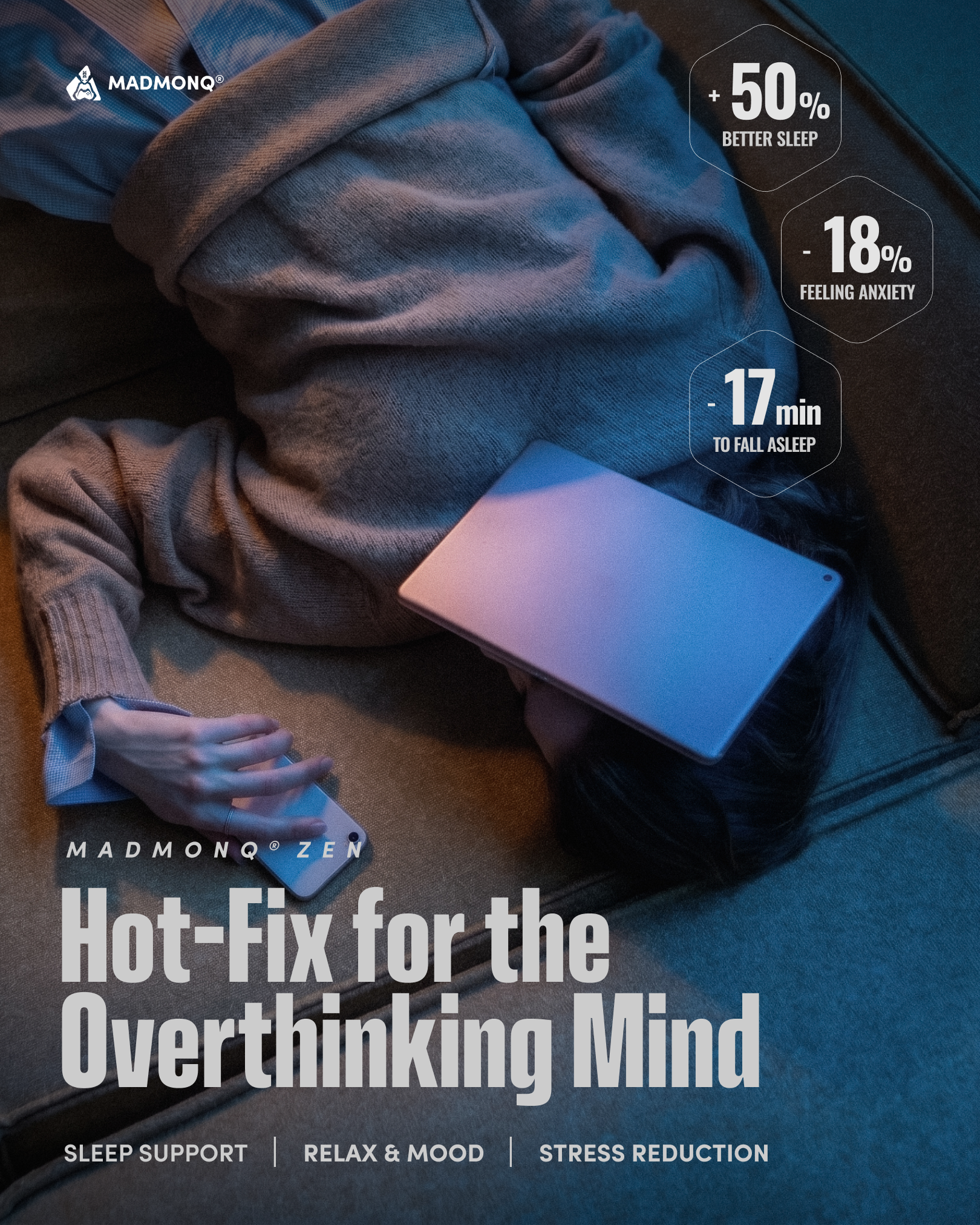 MADMONQ Facebook ad: Stop evening overthinking.
