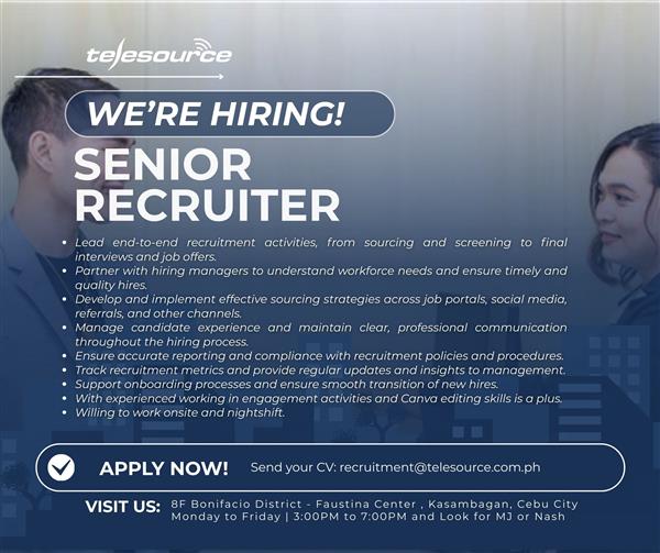 Telesource Facebook ad: WE’RE HIRING: SENIOR RECRUITER