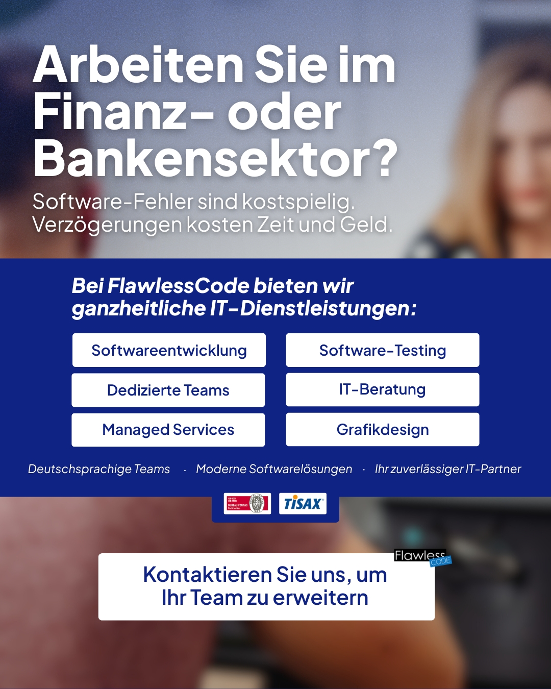 FlawlessCode Facebook ad: Zuverlässige Softwarelösungen für Finanz- und Bankensysteme.