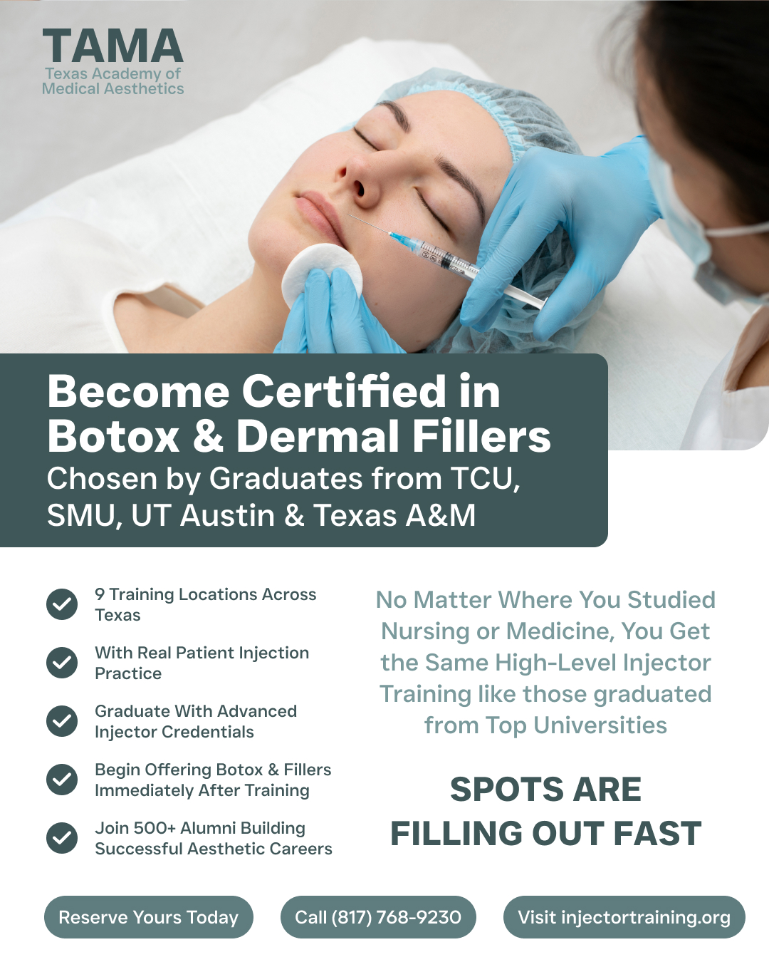 Texas Academy of Medical Aesthetics Facebook ad: TCU & SMU Nursing Grads Train at TAMA. So Can You.